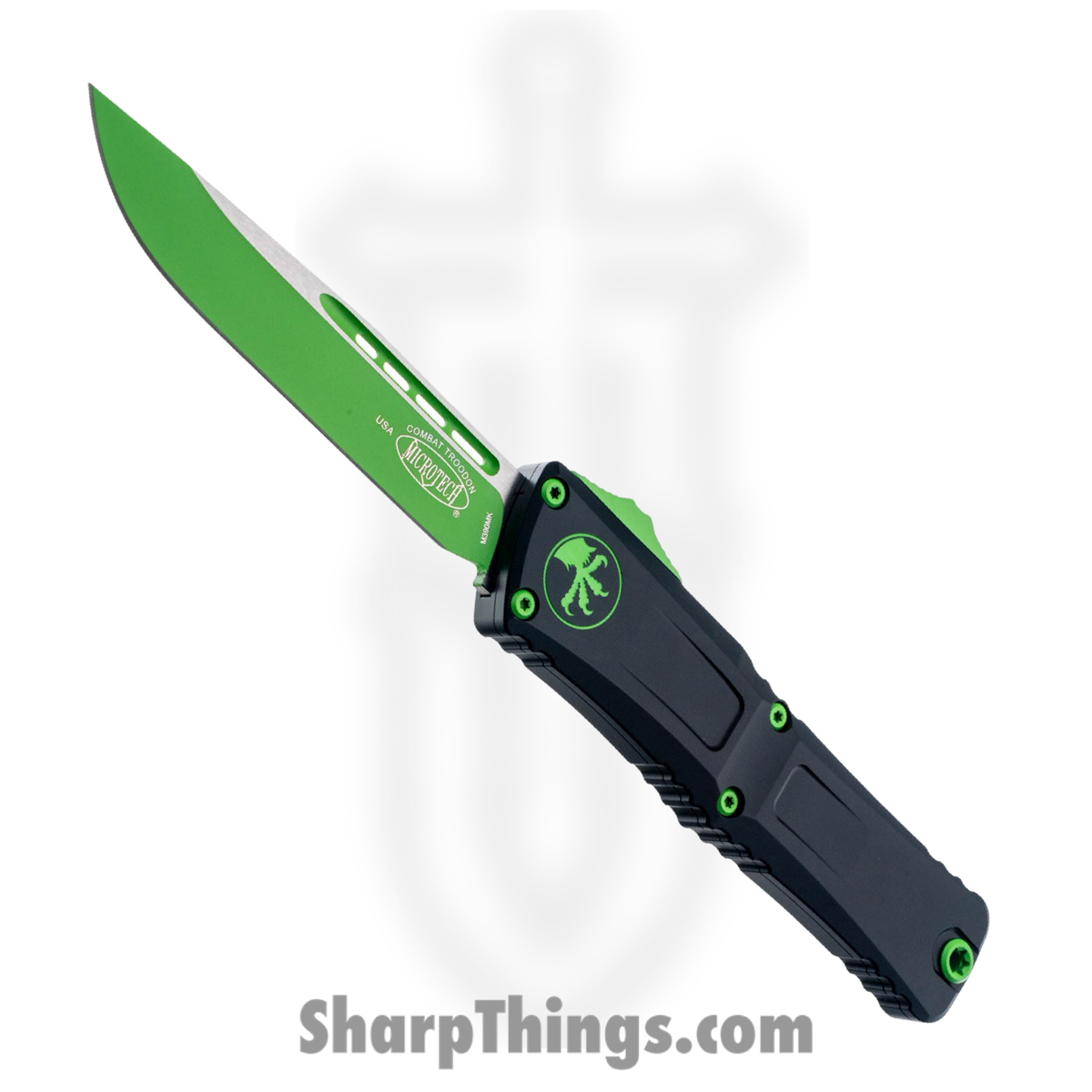 1143-1-GMSK_1.jpg Microtech - 1143-1 GMSK - Combat Troodon Gen III - OTF Auto - M390MK Coated Drop Point - 6061-T6 Aluminum - Black|Green - Image 1