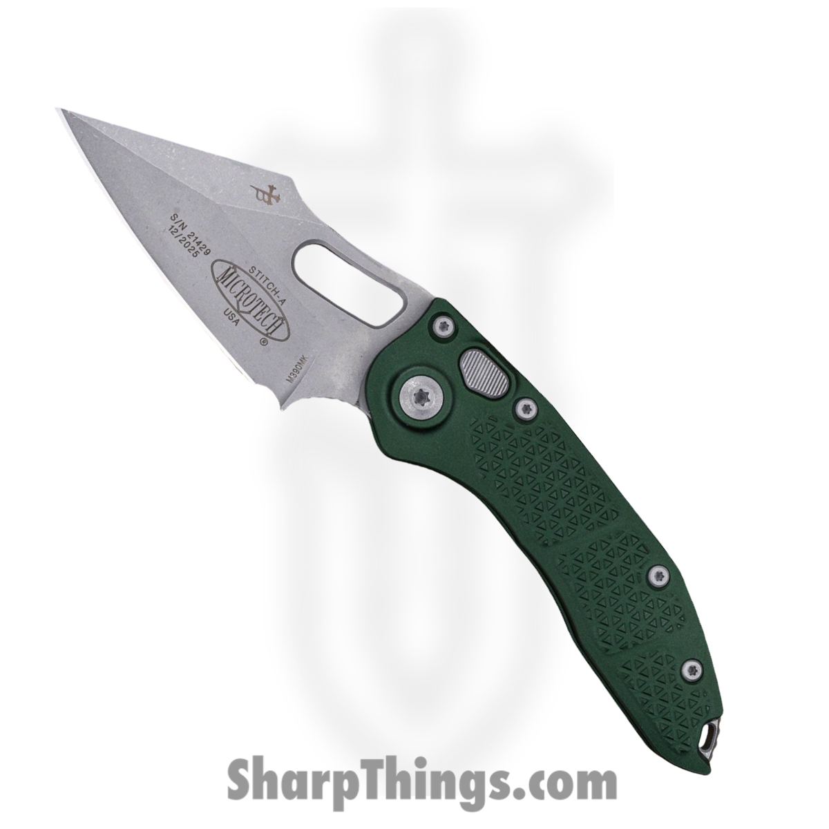 169-10APEG_1 Microtech - 169-10APEG - Stitch - Folding Knife - M390 Apocalyptic Spear Point - Aluminum - Green - Image 1