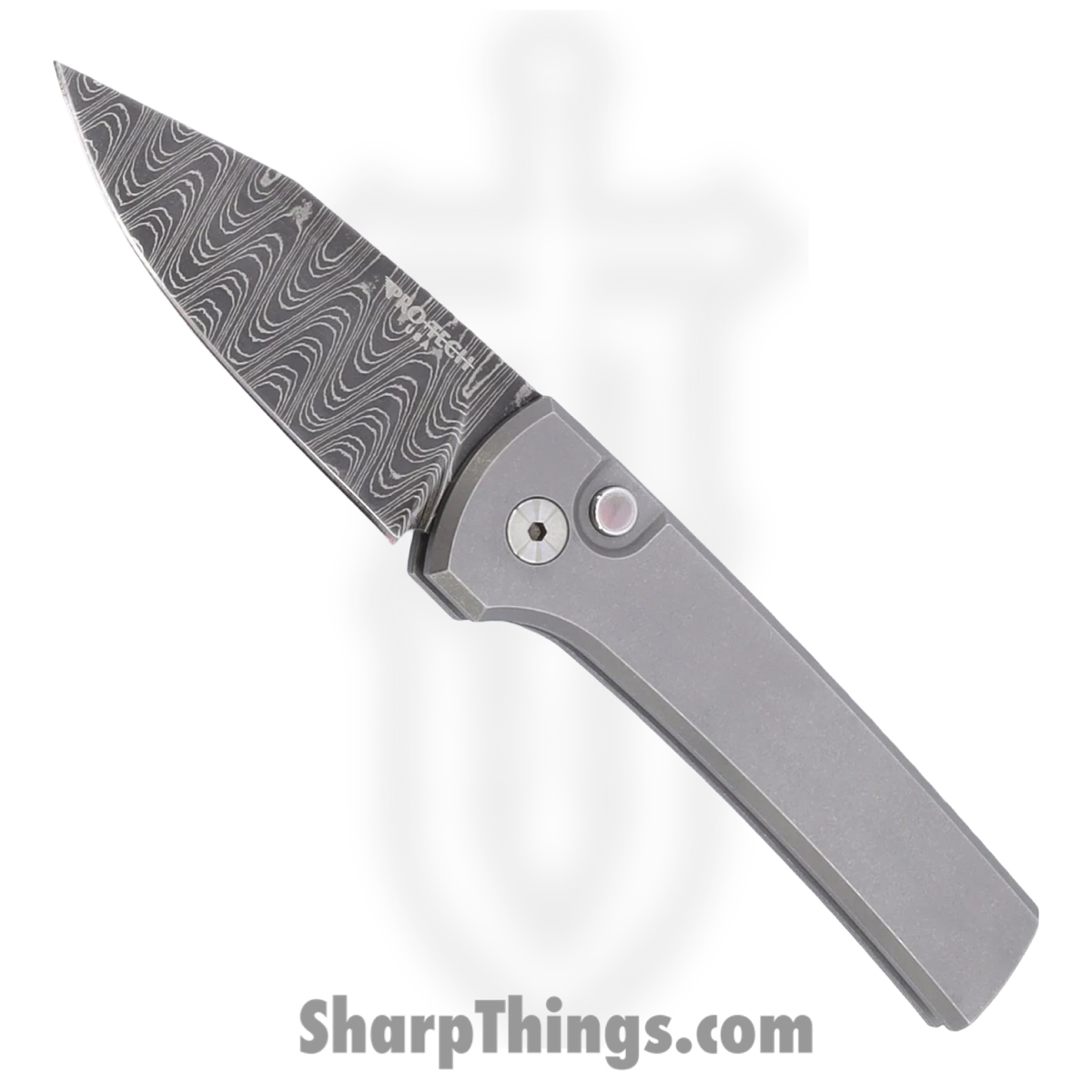 2026-Scapegoat-Custom-004_1.jpg ProTech - 2026.Scapegoat.Custom.004 - Scapegoat - Automatic Knife - Vegas Forge Ladder Damascus Clip Point - 17-4 Steel - Stonewash/Blasted - Image 1