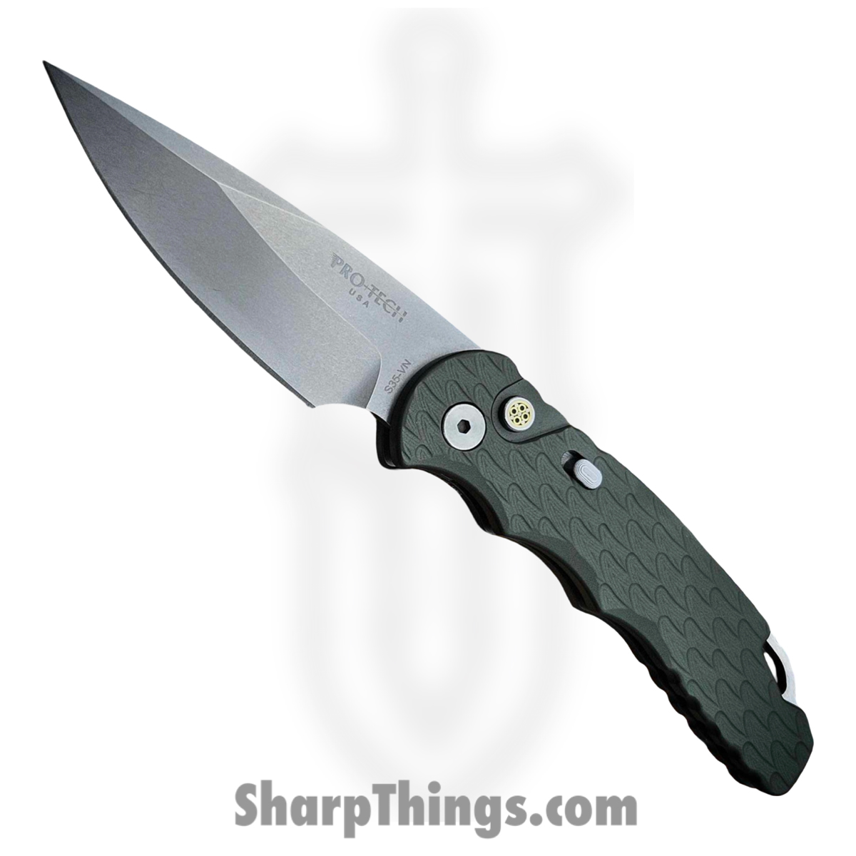 BST26-TR5-1_1.jpg ProTech - BST26.TR5.1 - Tactical Response 5 - Automatic Knife - S35VN Stonewash Spear Point - "Feather" Aluminum - Green - Image 1