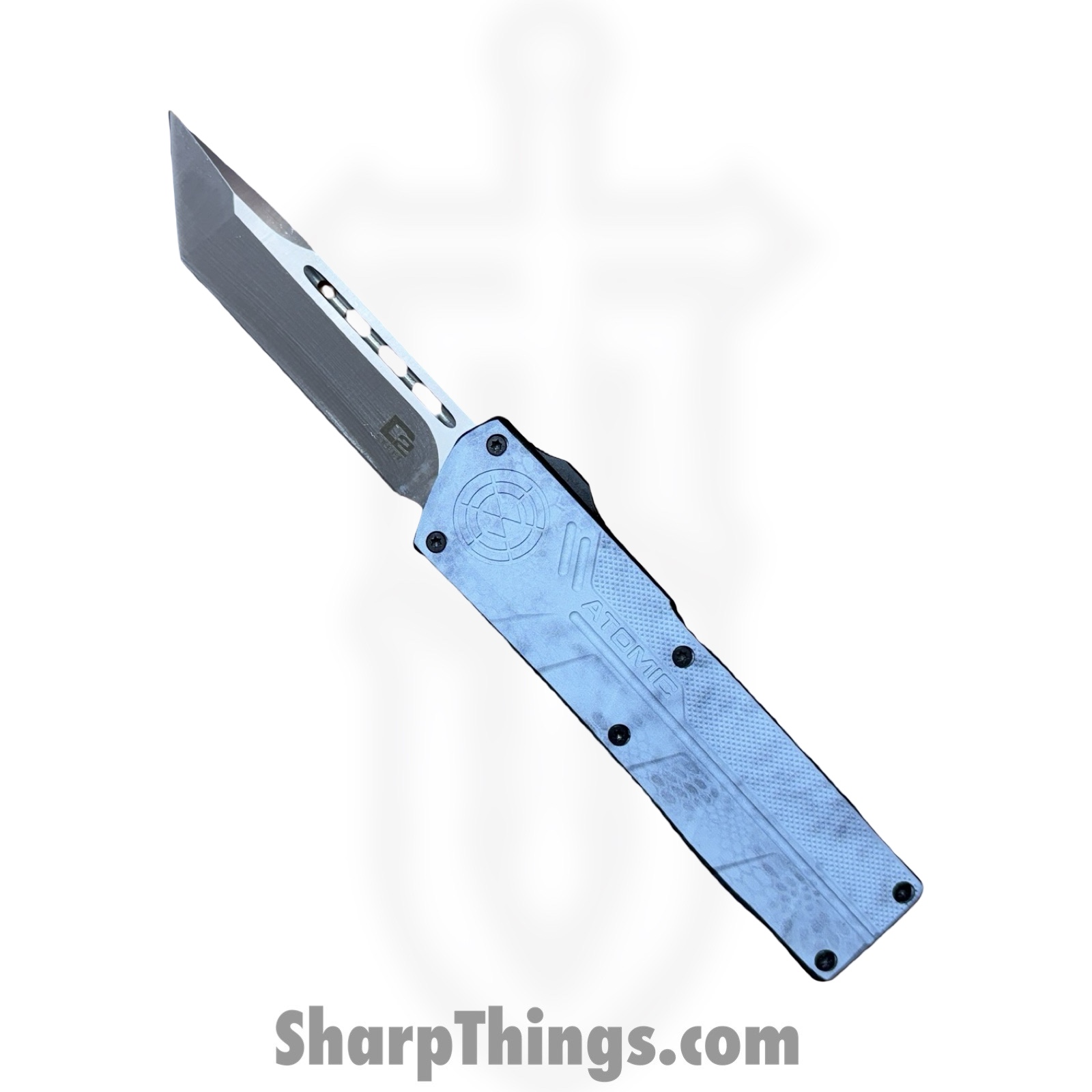 DT01SWC-TNSA_1.jpg Atomic Knives - DT01SWC-TNSA - UltraLite ATOMIC - OTF Auto - D2 Satin Tanto - Aluminum - White Camo - Image 1
