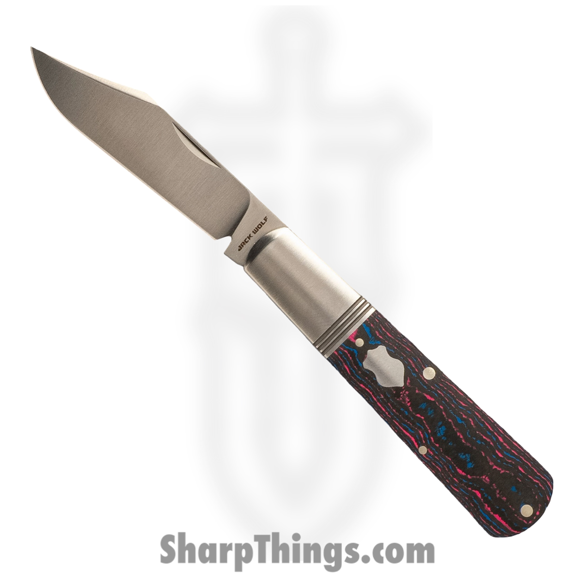 GW-BAR-02-CC-MIAMI_1.jpg Jack Wolf Knives - GW-BAR-02-CC-MIAMI - Gateway Barlow - Folding Knife - 14C28N Satin Clip Point - CamoCarbon Miami - Black Red Blue - Image 1
