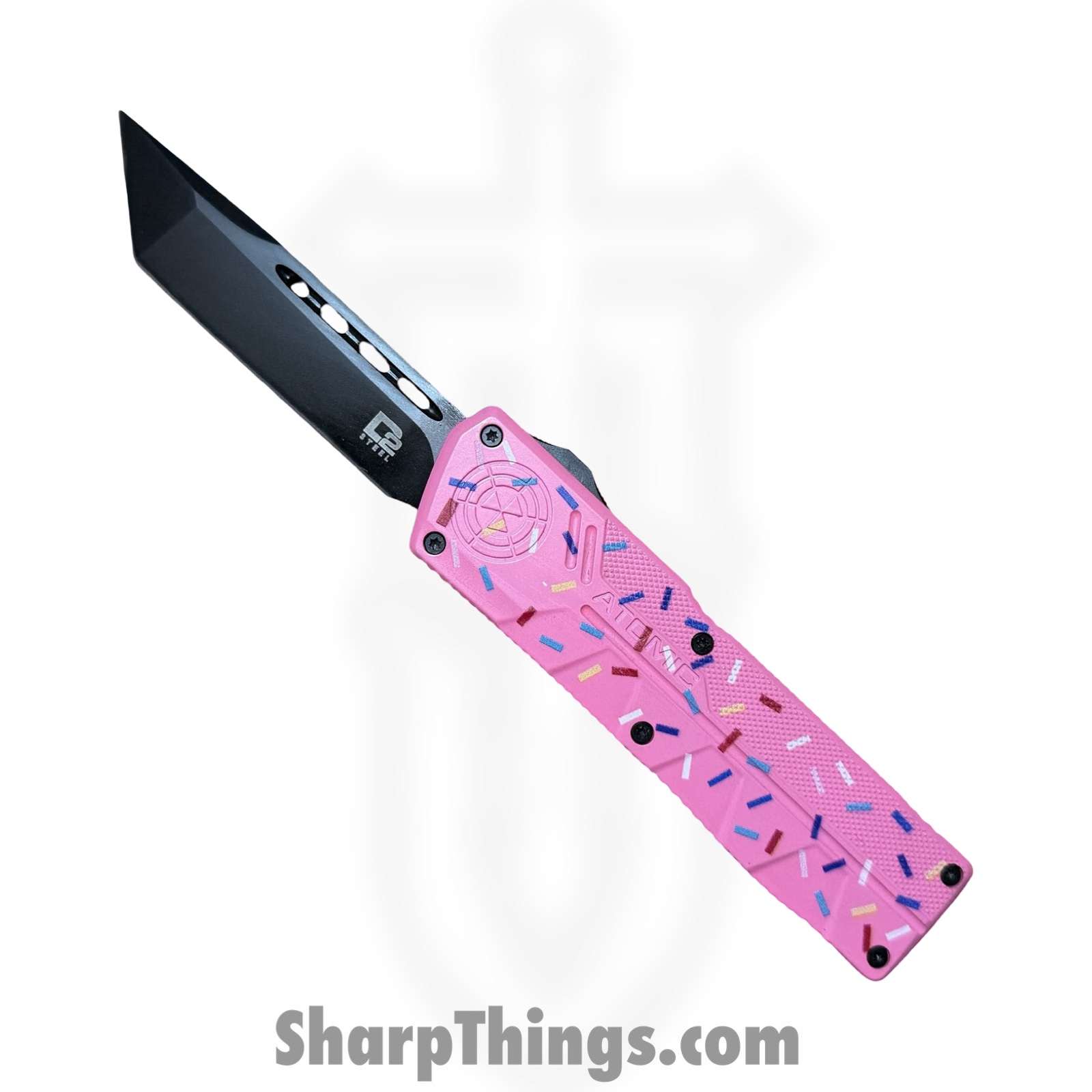 PkDonut_26.jpg Atomic Knives - DT01SPD-TNBK - UltraLite ATOMIC - OTF Auto - D2 Coated Tanto - Aluminum - Pk Donut - Image 1