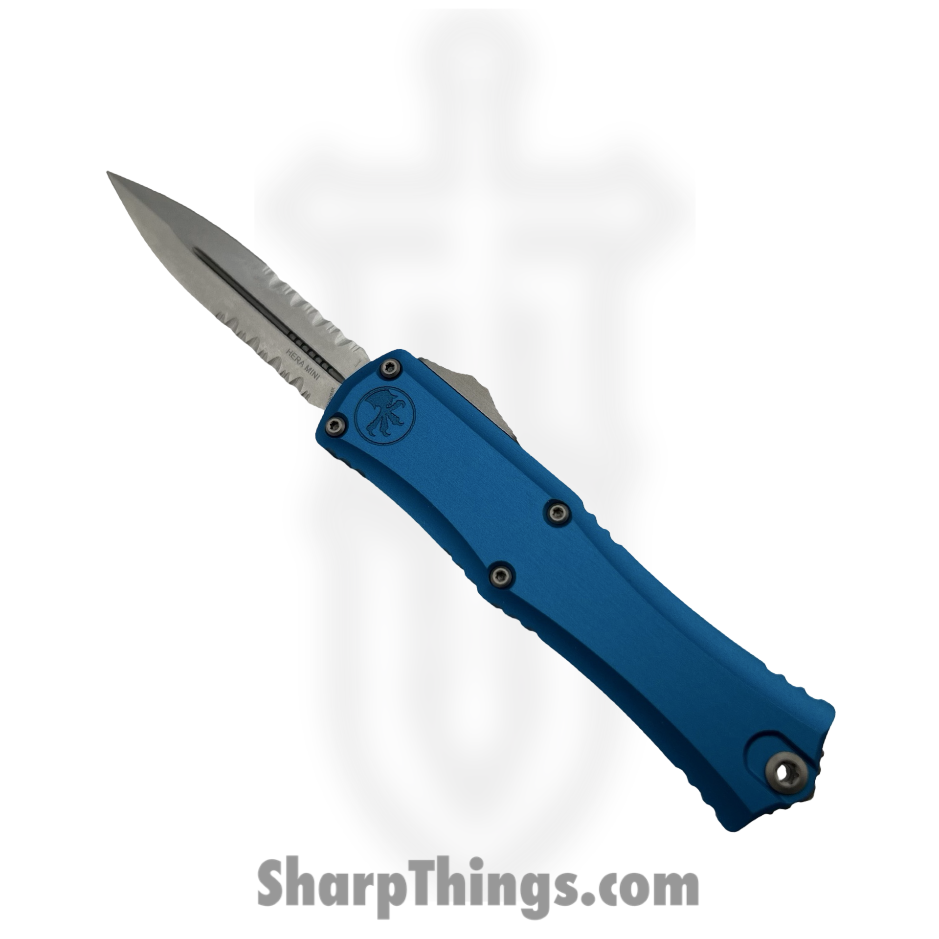 1702M-11BL_1.png Microtech - 1702M-11BL - Mini Hera II - OTF Auto - M390 Stonewash Dagger P/S - Aluminum - Blue - Image 1