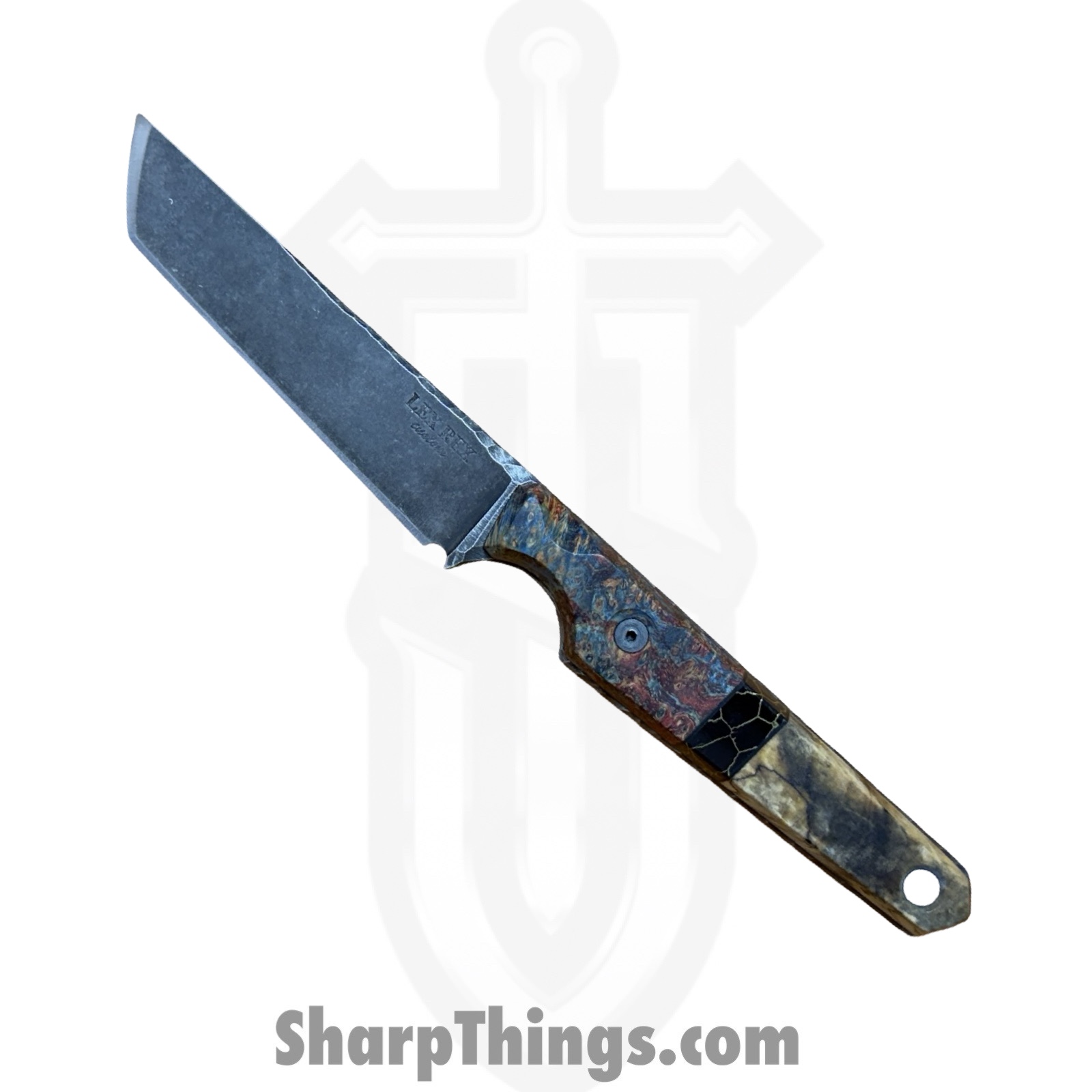 LEXBS26001_1.jpg Lex Rex - LEXBS26001 - Midsized Deathstick - Fixed Blade Knife - AEB-L Stonewash Tanto - Dyed Ash Burl Truestone Buckeye Burl - Black Brown - Image 1