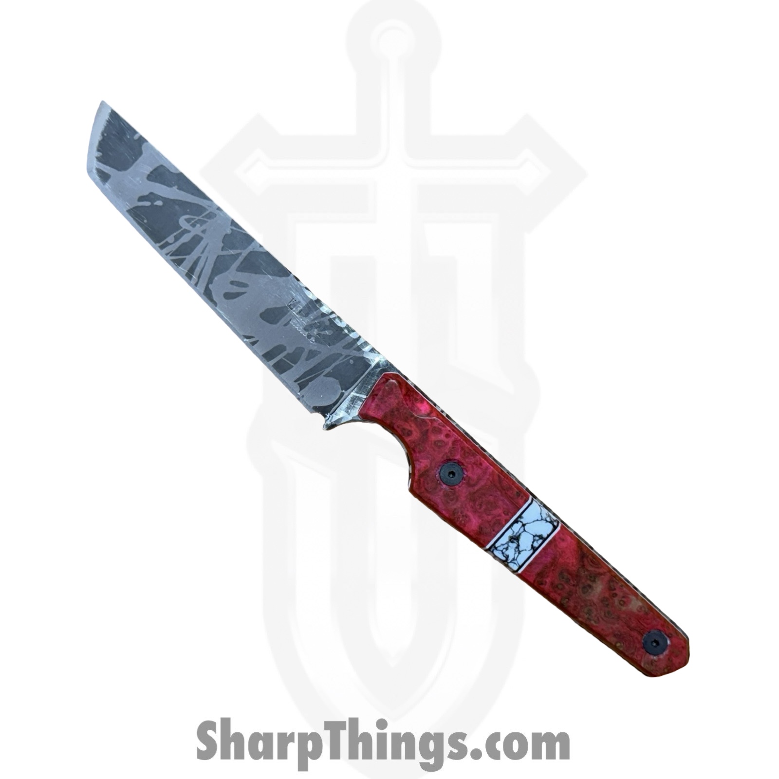 LEXBS26002_1.jpg Lex Rex - LEXBS26002 - Midsized Deathstick - Fixed Blade Knife - AEB-L Gun Blue Paint Splatter Tanto - Dyed Ash Burl Truestone - Pink White - Image 1