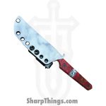 Lex Rex - LEXBS26002 - Midsized Deathstick - Fixed Blade Knife - AEB-L Gun Blue Paint Splatter Tanto - Dyed Ash Burl Truestone - Pink White - Image 11