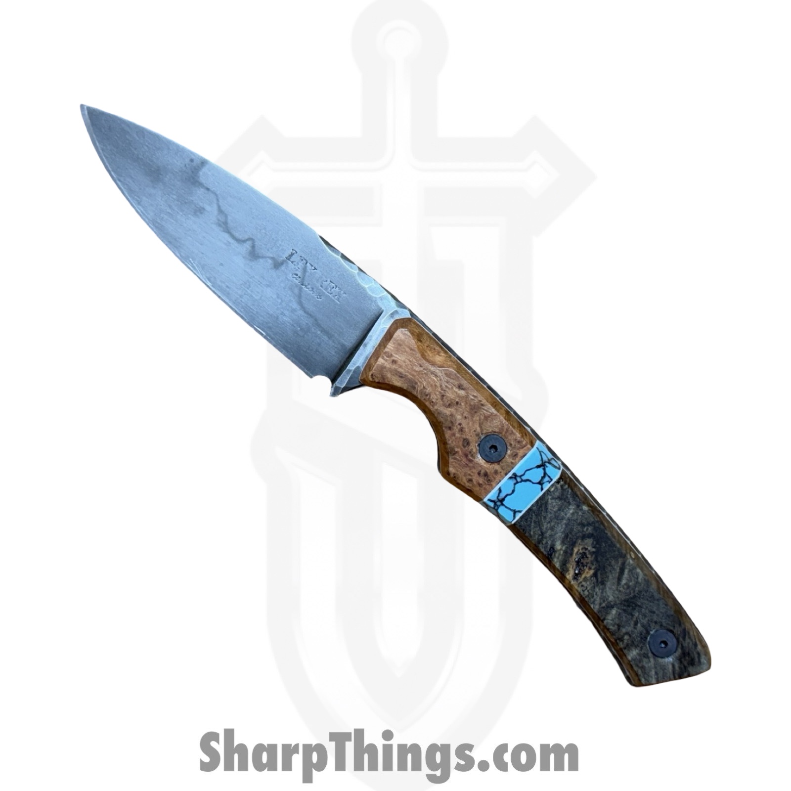 LEXBS26006_1.jpg Lex Rex - LEXBS26006 - Cowboy - Fixed Blade Knife - W2 Steel Stonewash Drop Point - Cherry Burl Truestone Buckeye Burl - Brown Turquoise - Image 1