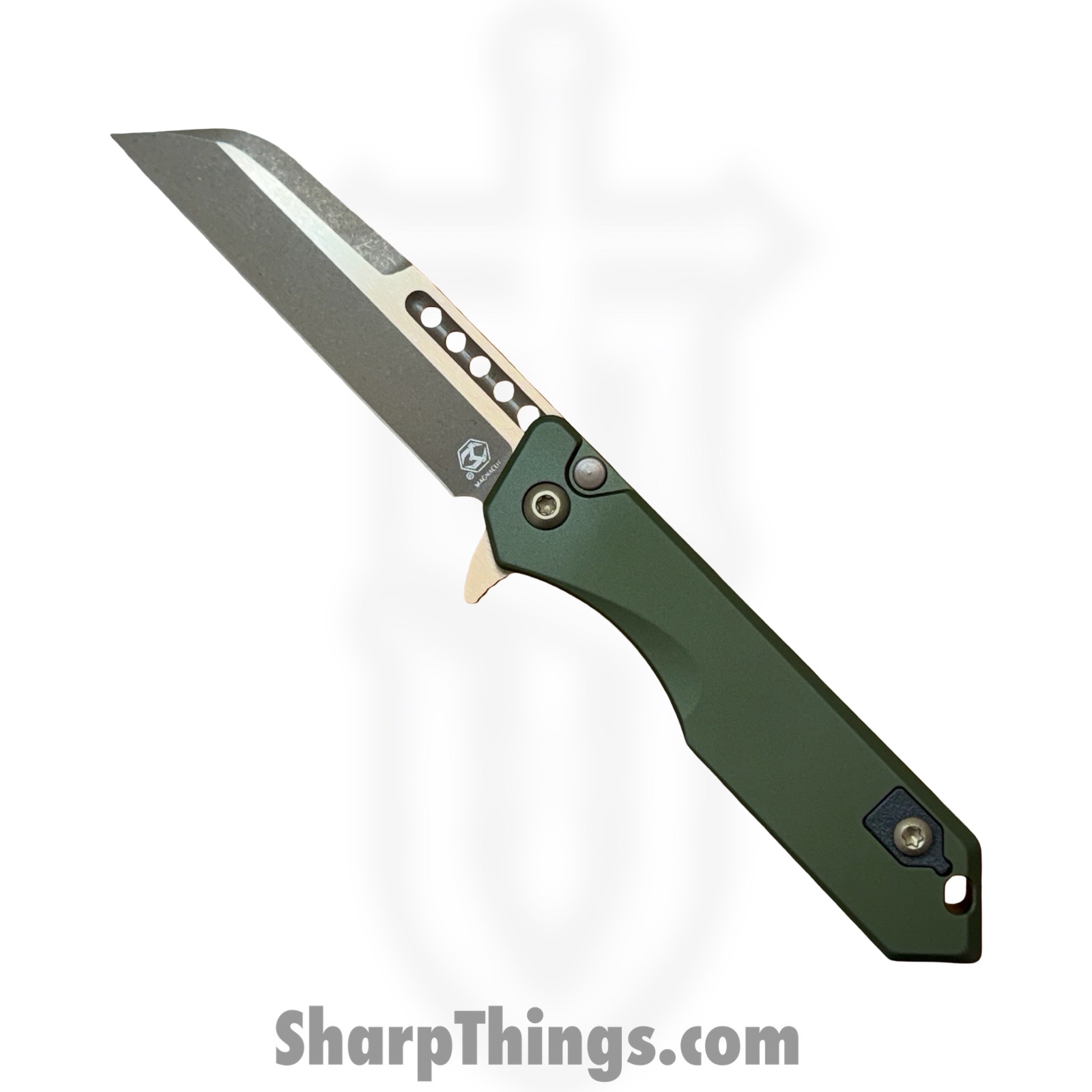 H213-7A-GRN_1.jpg Heretic Knives - H213-7A-GRN - Jinn Manual - Folding Knife - CPM MagnaCut Bronzed Wharncliffe - Aluminum - OD Green - Image 1