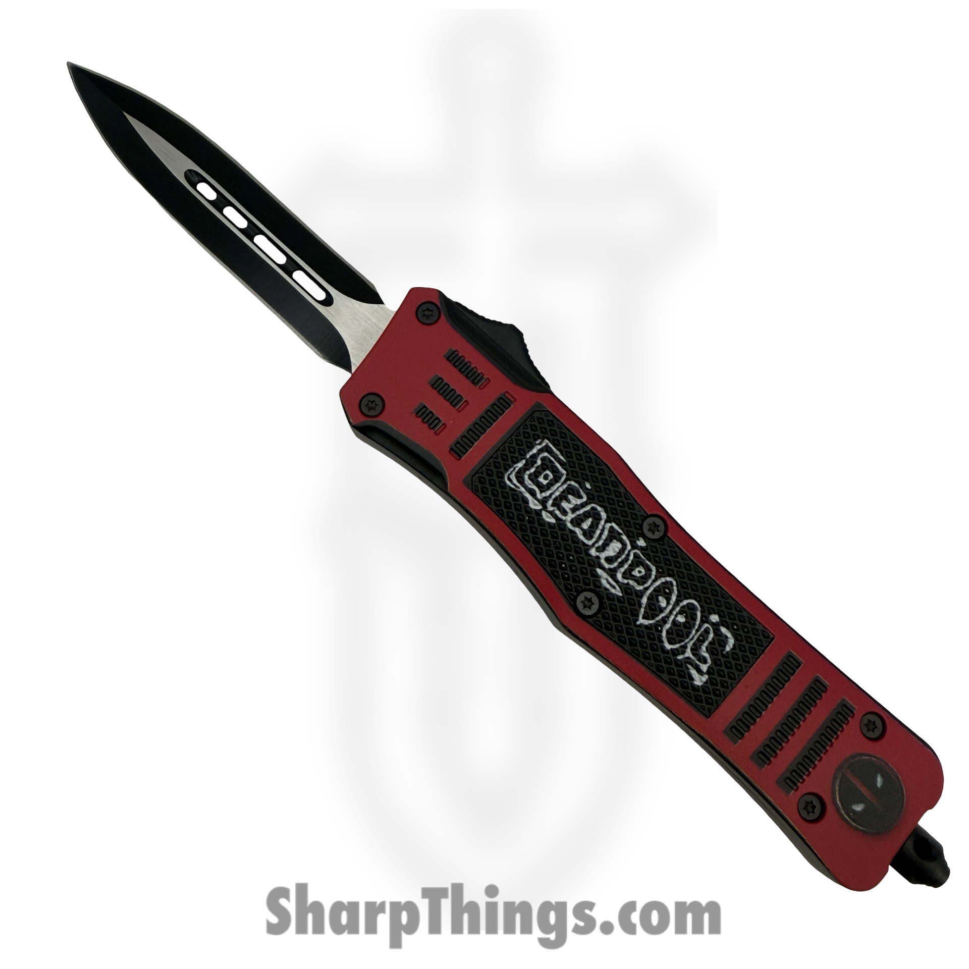WNS-A107M-DP_1.png Atomic Knives - WNS-A107M-DP - Fat Man DeadPool - OTF Auto - D2 Coated Dagger - Aluminum - Black/Red - Image 1
