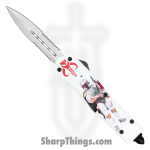 Atomic Knives - WNS-A2-STR3 - Thin Man Hungsman - OTF Auto - D2 Satin Dagger - Aluminum - White/Red