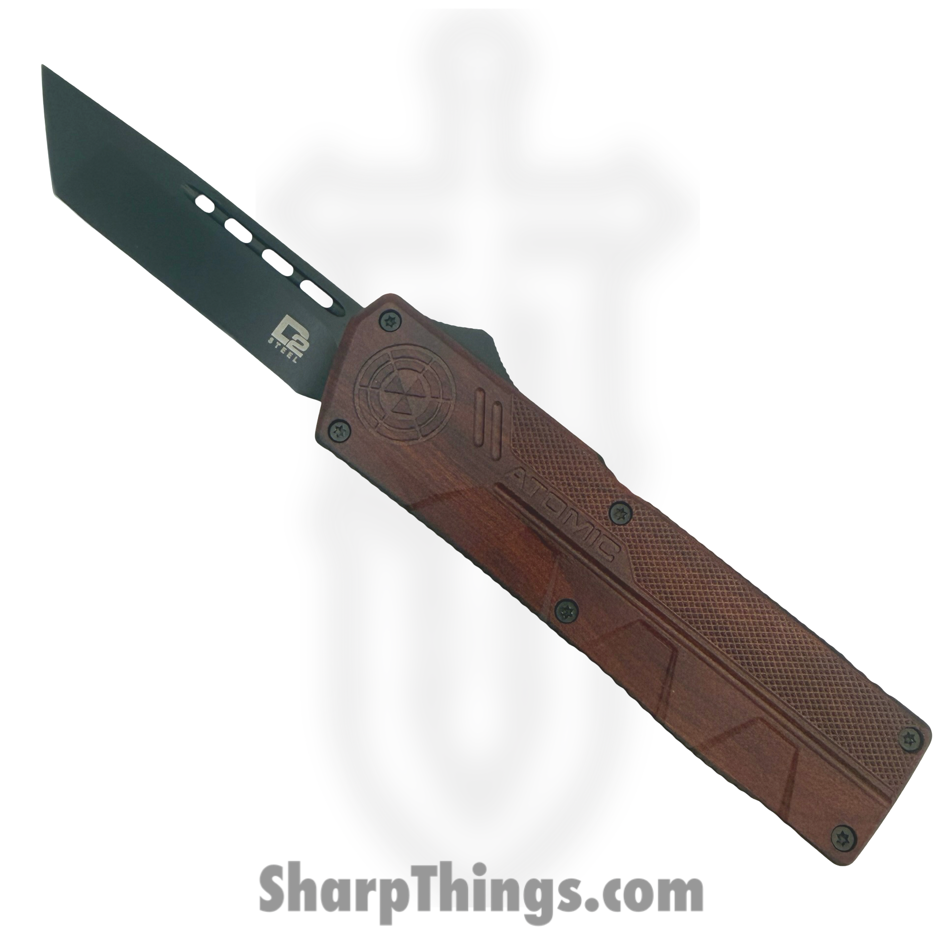 WNS-DT01RWD-BT_1.png Atomic Knives - WNS-DT01RWD-BT - UltraLite ATOMIC - OTF Auto - D2 Coated Tanto - Aluminum - Woodgrain - Image 1