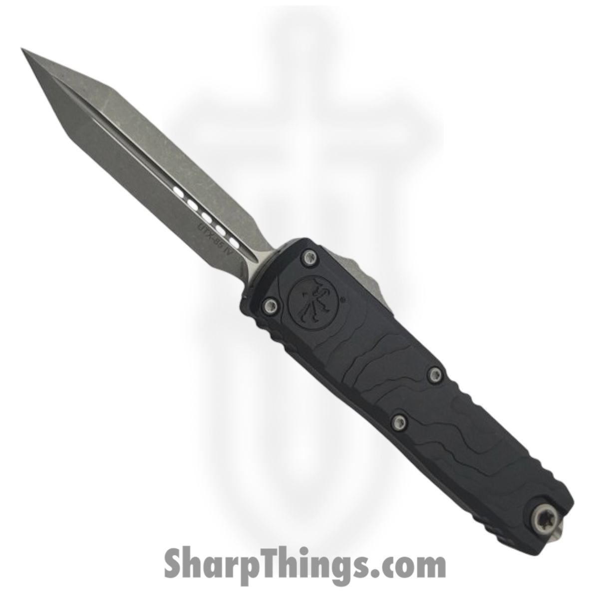 12304TP-10_1.jpg Microtech - 12304TP-10 - UTX-85 Gen IV - OTF Auto - M390MK Apocalyptic Spartan - Deep Engraved Topographic Aluminum - Black - Image 1