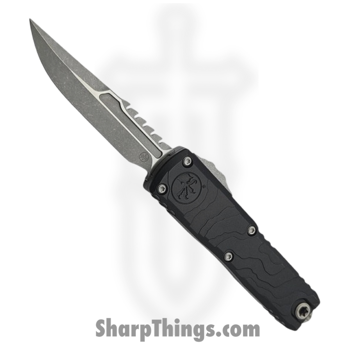 12354TP-10AP_1.jpg Microtech - 12354TP-10AP - UTX-85 Gen IV - OTF Auto - M390MK Apocalyptic Interceptor - Deep Engraved Topographic Aluminum - Black - Image 1