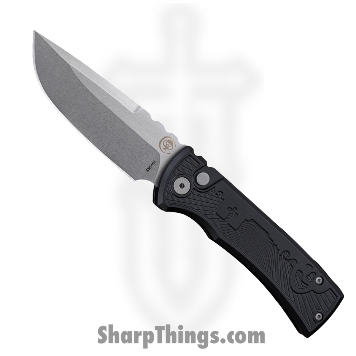CKPTBKSW_1.jpg Chaves Knives - CKPTBKSP - Pro-Tech X Chaves Redencion 229 - Automatic Knife - S35VN Sapphire Drop Point - Aluminum - Black - Image 1