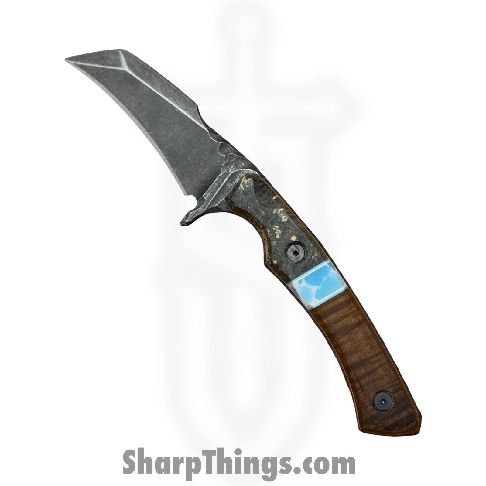 LRBSA004_1.jpg Lex Rex - LRBSA004 - Apparition - Fixed Blade Knife - 80CRV2 Coated Multi Grind Claw - Burl Wood, Truestone, Curly Maple - Black, Blue, Brown - Image 1