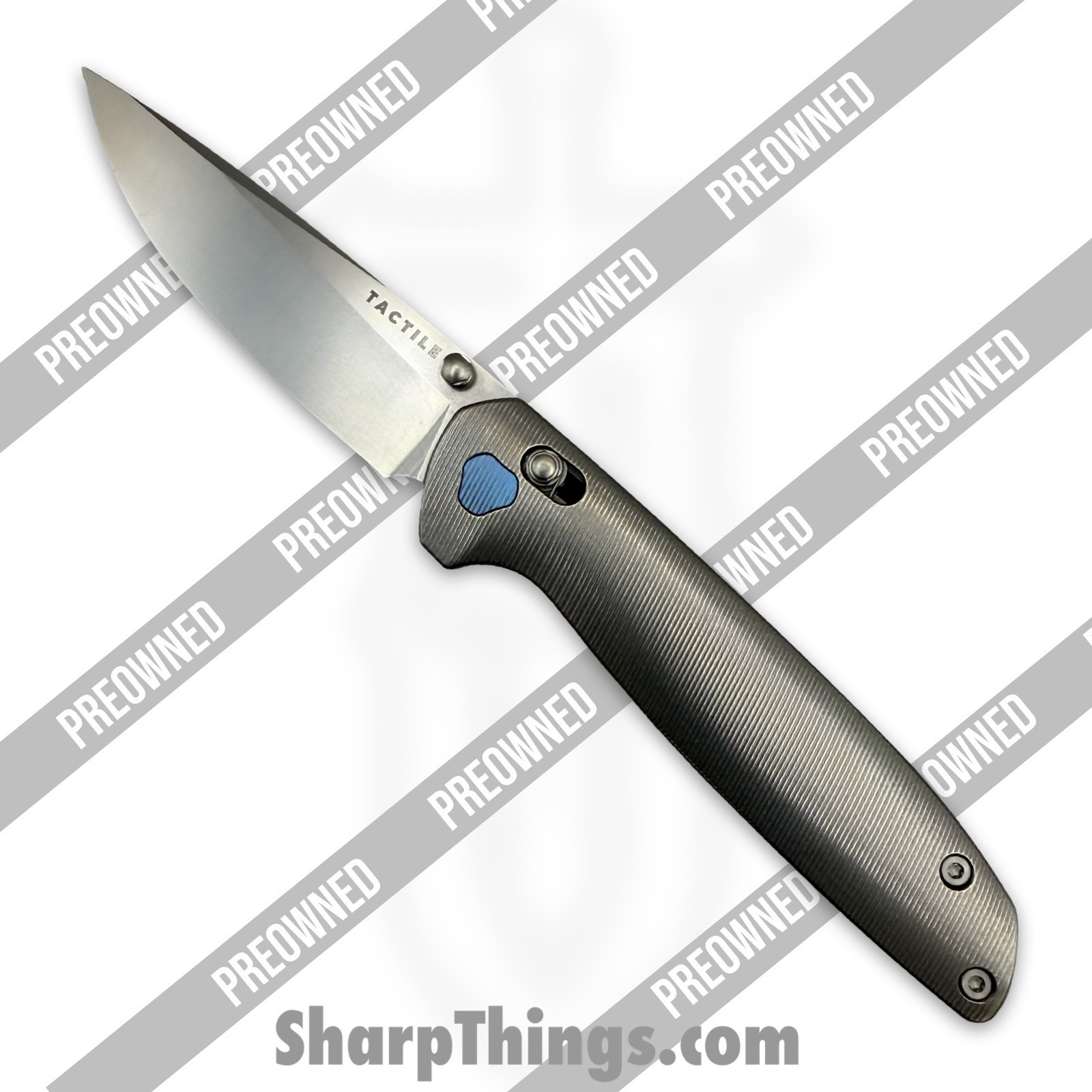 PO20-MV-MC02-TT01_1.jpg Tactile Knife Co. - PO20-MV-MC02-TT01 - Preowned Maverick - Folding Knife - CPM MagnaCut Stonewash Drop Point - Titanium - Grey|Blue - Image 1