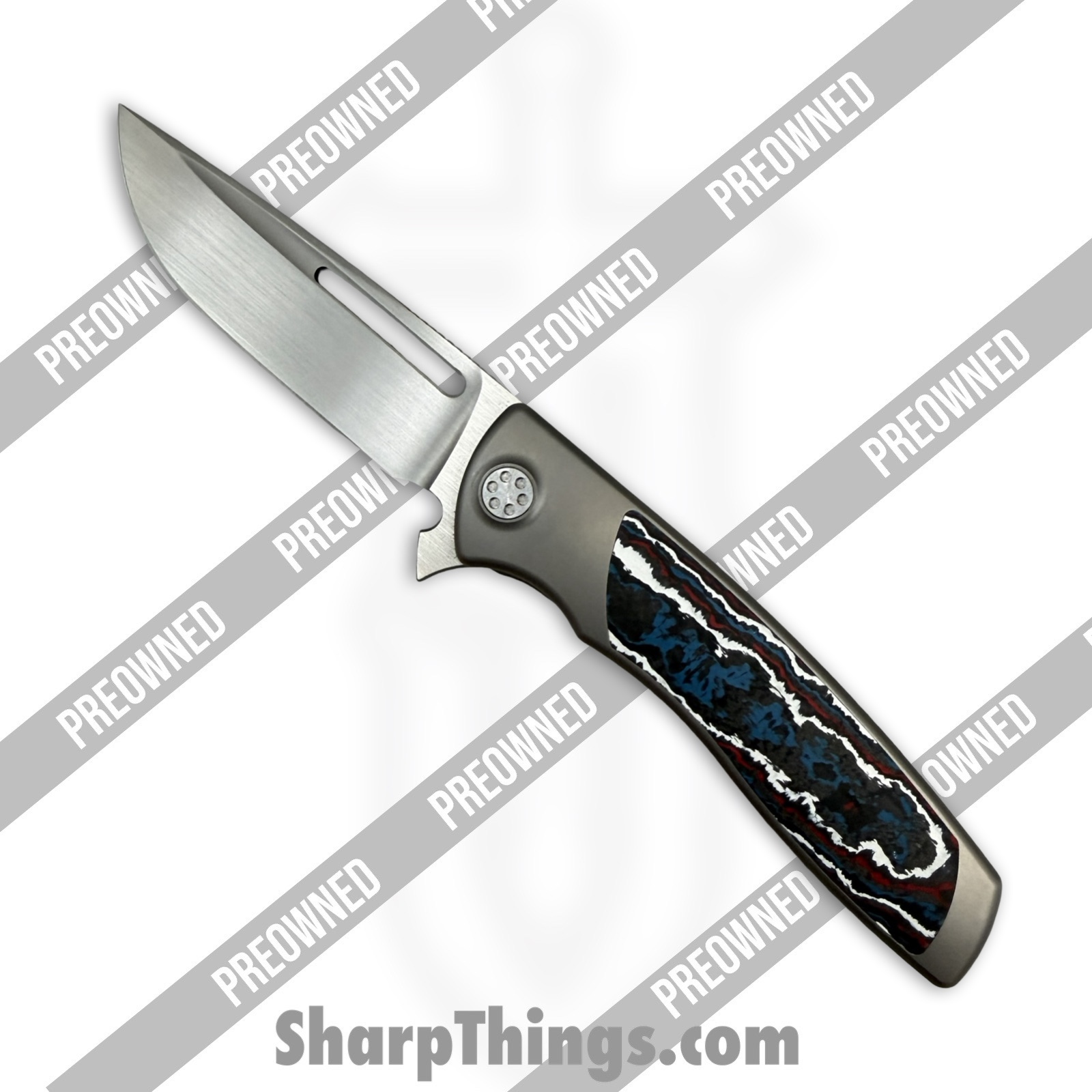 POSBD-335_1.jpg Sharp by Design - POSBD-335 - Preowned Mini Evo - Folding Knife - M390 Satin Drop Point - Titanium - Grey|Red|White|Blue - Image 1