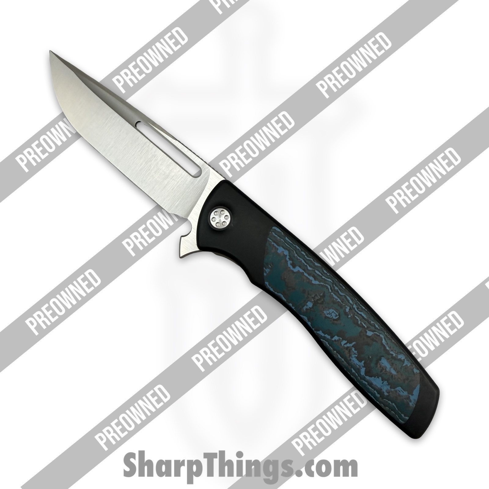 POSBD-349_1.jpg Sharp by Design - POSBD-349 - Preowned Evo Typhoon - Folding Knife - M390 Satin Drop Point - Titanium - Black|Blue|White - Image 1