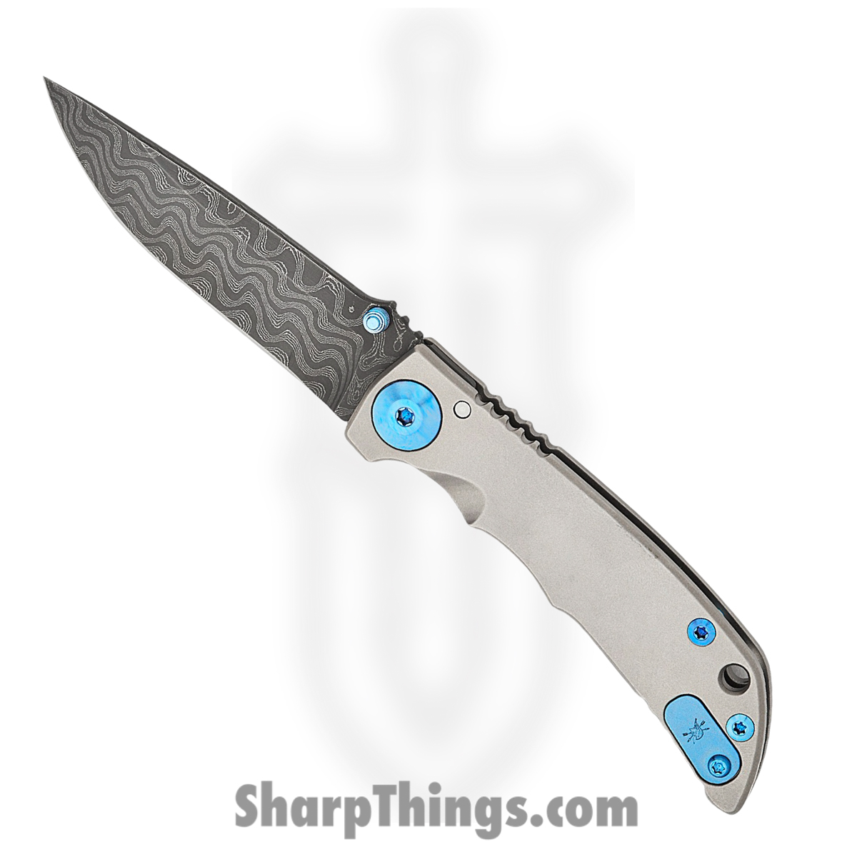 SF10DMBL_1.jpg Spartan Blades - SF10DMBL - Harsey 3.25 - Folding Knife - Chad Nichols Damascus Acid Etched Drop Point - 6AI4V Titanium - Grey Blue - Image 1