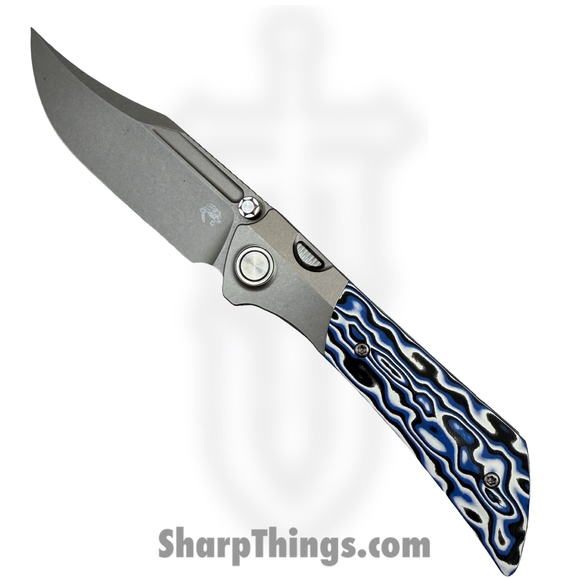 DUNE-A5_1.jpg Gecko Customz KW - A5 - Dune - Folding Knife - M390 Stonewash Bowie - Titanium Gmascus - Blue White - Image 1