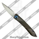 Alliance Designs - POBB-28 - Preowned Anchovy - Folding Knife - RWL34 Steel Belt Satin Trailing Point - Titanium - Silver|Blue