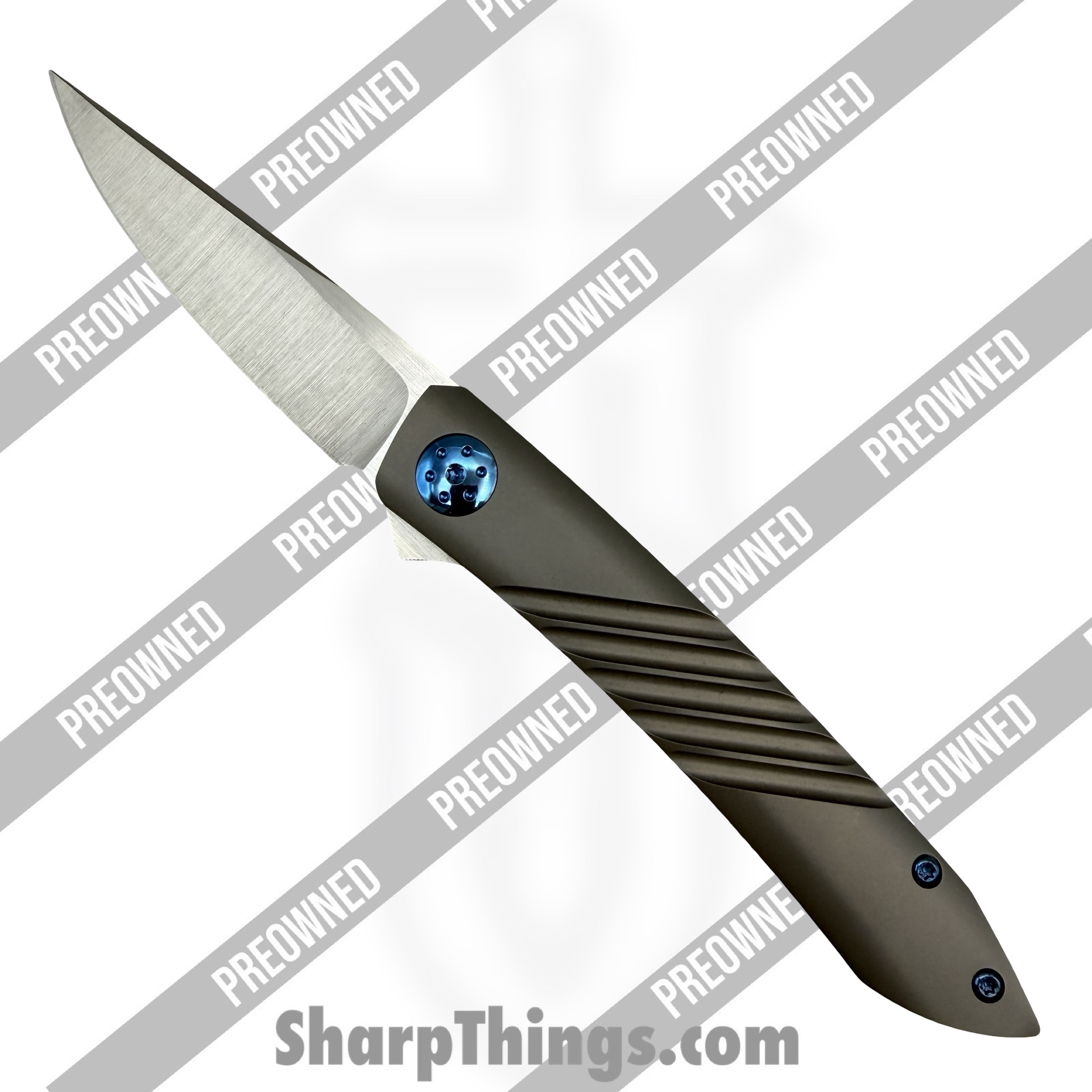 POBB-28_1.jpg Alliance Designs - POBB-28 - Preowned Anchovy - Folding Knife - RWL34 Steel Belt Satin Trailing Point - Titanium - Silver|Blue - Image 1