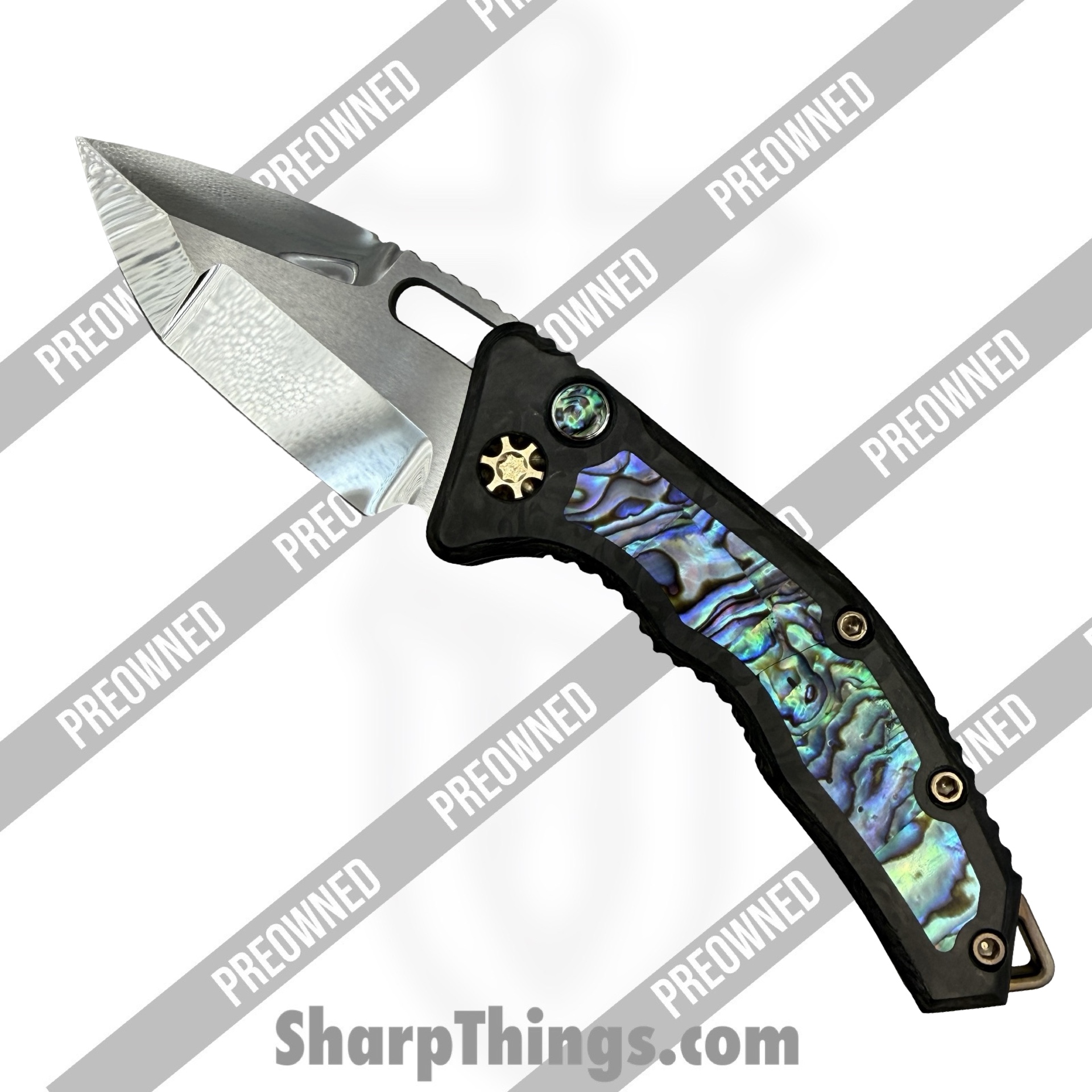 POBB-31_1.jpg Heretic Knives - POBB-31 - Preowned Medusa Custom HCUSTOM-106 - Automatic Knife - ELMAX Mirror Polish Tanto - Abalone - Abalone|Bronze - Image 1