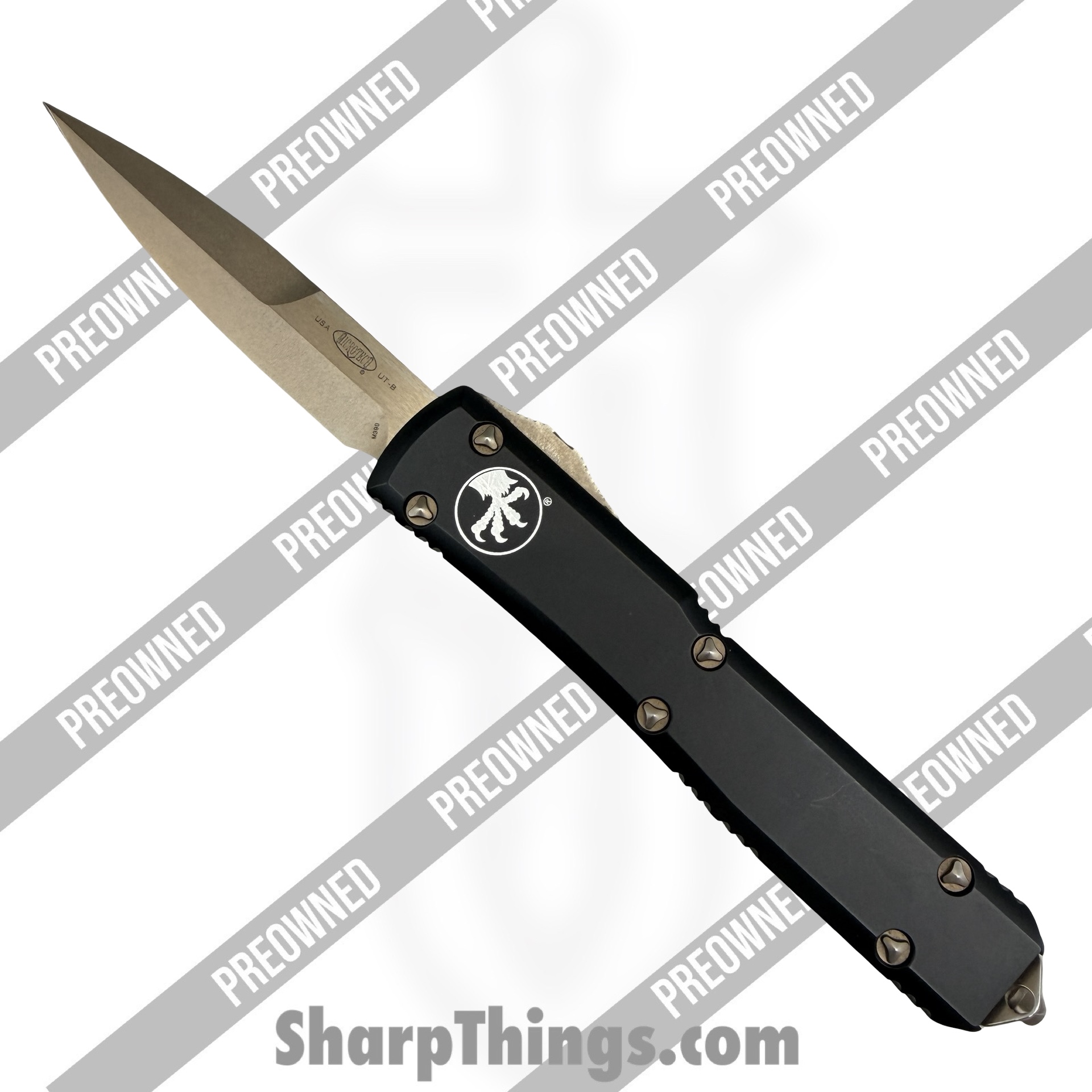 POBB-36_1.jpg Microtech - POBB-36 - Preowned Ultratech 120-13 - OTF Auto - M390 Bronze Stonewash Clip Point P/S - Aluminum - Black - Image 1