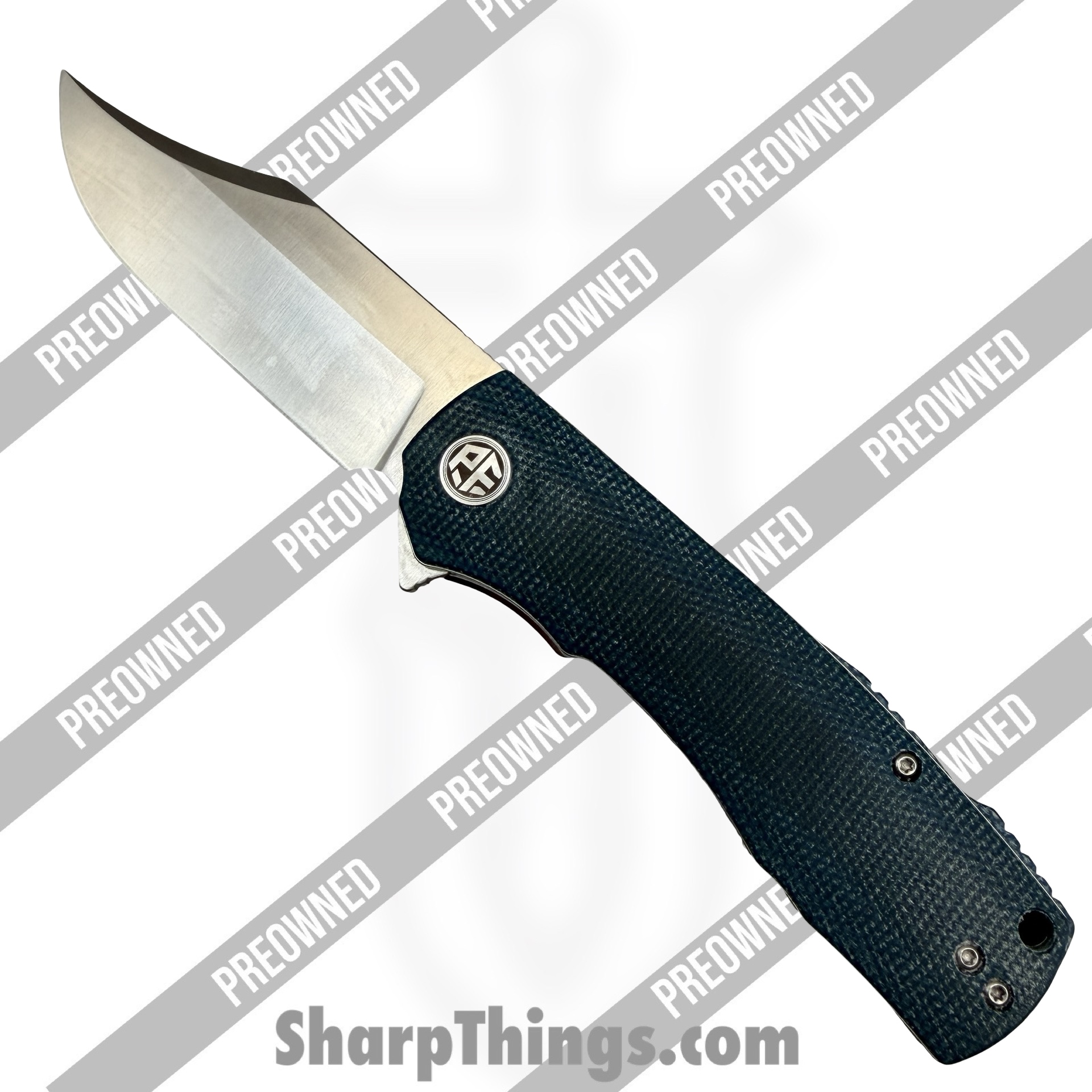 POBB-39_1.jpg Petrified Fish - POBB-39 - Preowned Victor PFP03 - Folding Knife - K110 Satin Clip Point - Micarta - Blue - Image 1