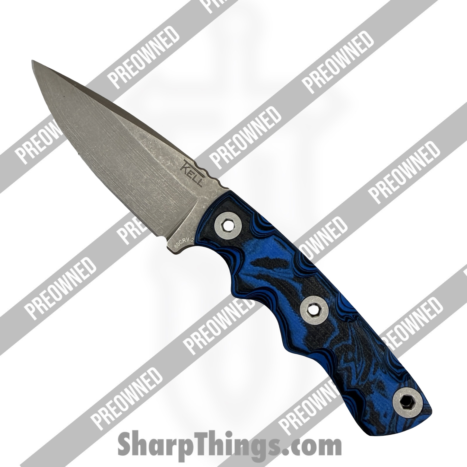 POBB-46_1.jpg T.Kell Knives - POBB-46 - Preowned Combatant w/ Custom Scales - Fixed Blade Knife - 80CRV2 Nickel Boron Drop Point - G10 - Black|Blue - Image 1