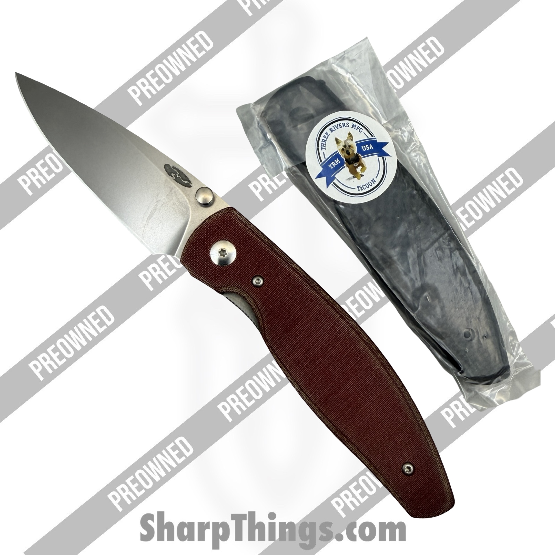 POBB-47_1.jpg TRM - POBB-47 - Preowned Atom (Aftermarket Micarta Scales) - Folding Knife - 20CV Stonewash Drop Point - Micarta - Red - Image 1