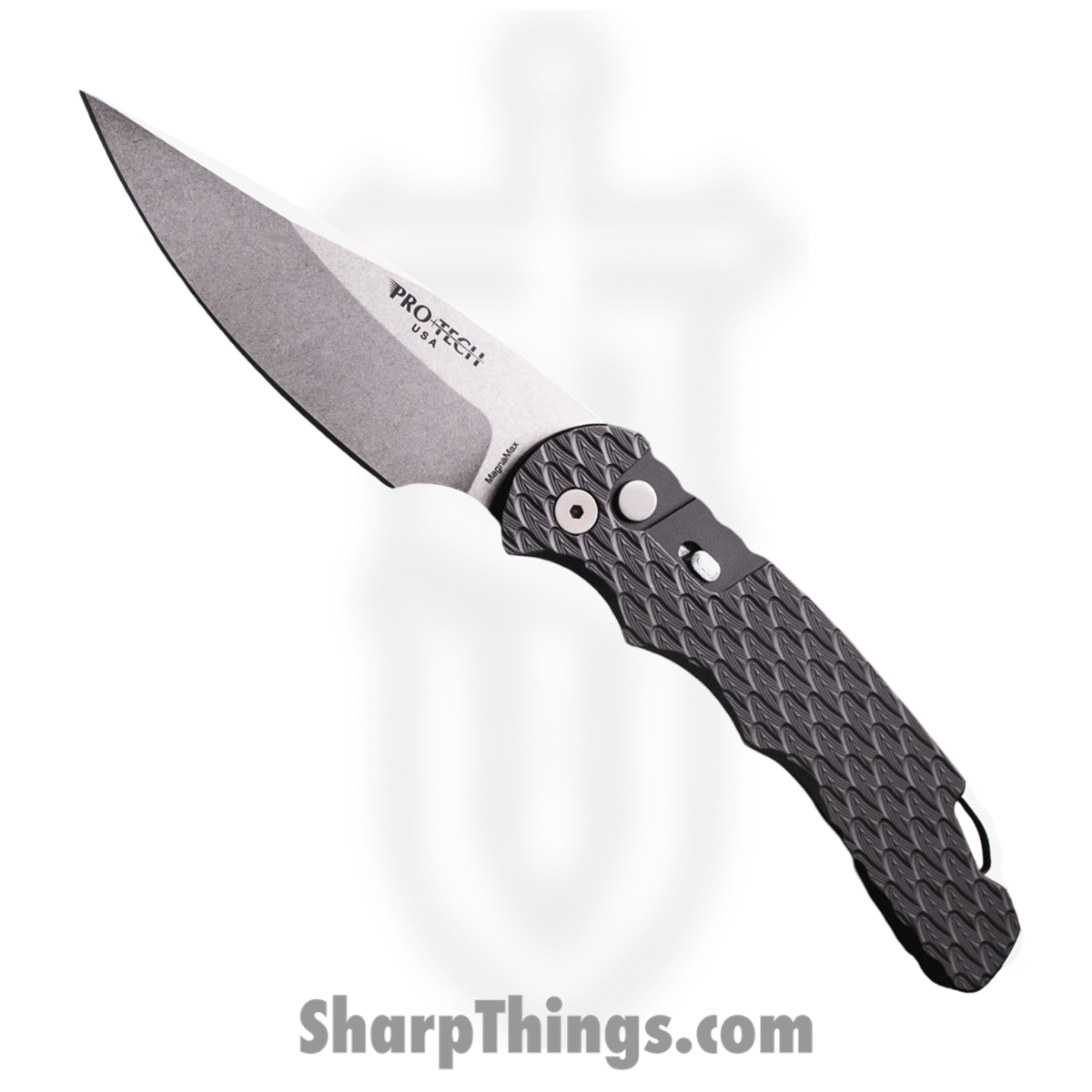 T4105-F-MM_1.jpg ProTech - T4105 F MM - TR4 - Automatic Knife - MagnaMax Stonewash Drop Point - Feather Texture Aluminum - Black - Image 1