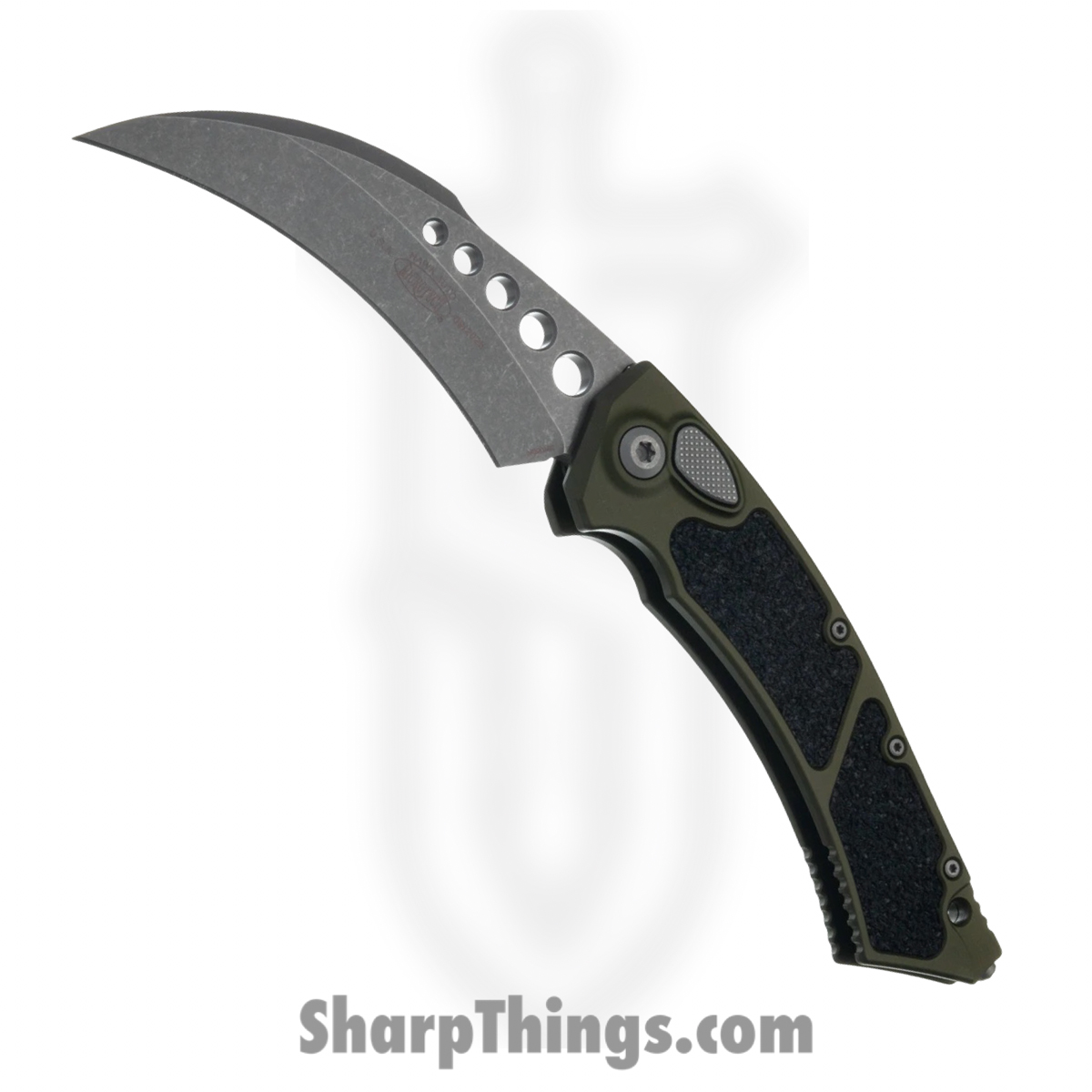 166-10APOD_1.jpg Microtech - 166-10APOD - Hawk Karambit - Automatic Knife - M390MK Apocalyptic Hawkbill - Aluminum - OD Green - Image 1