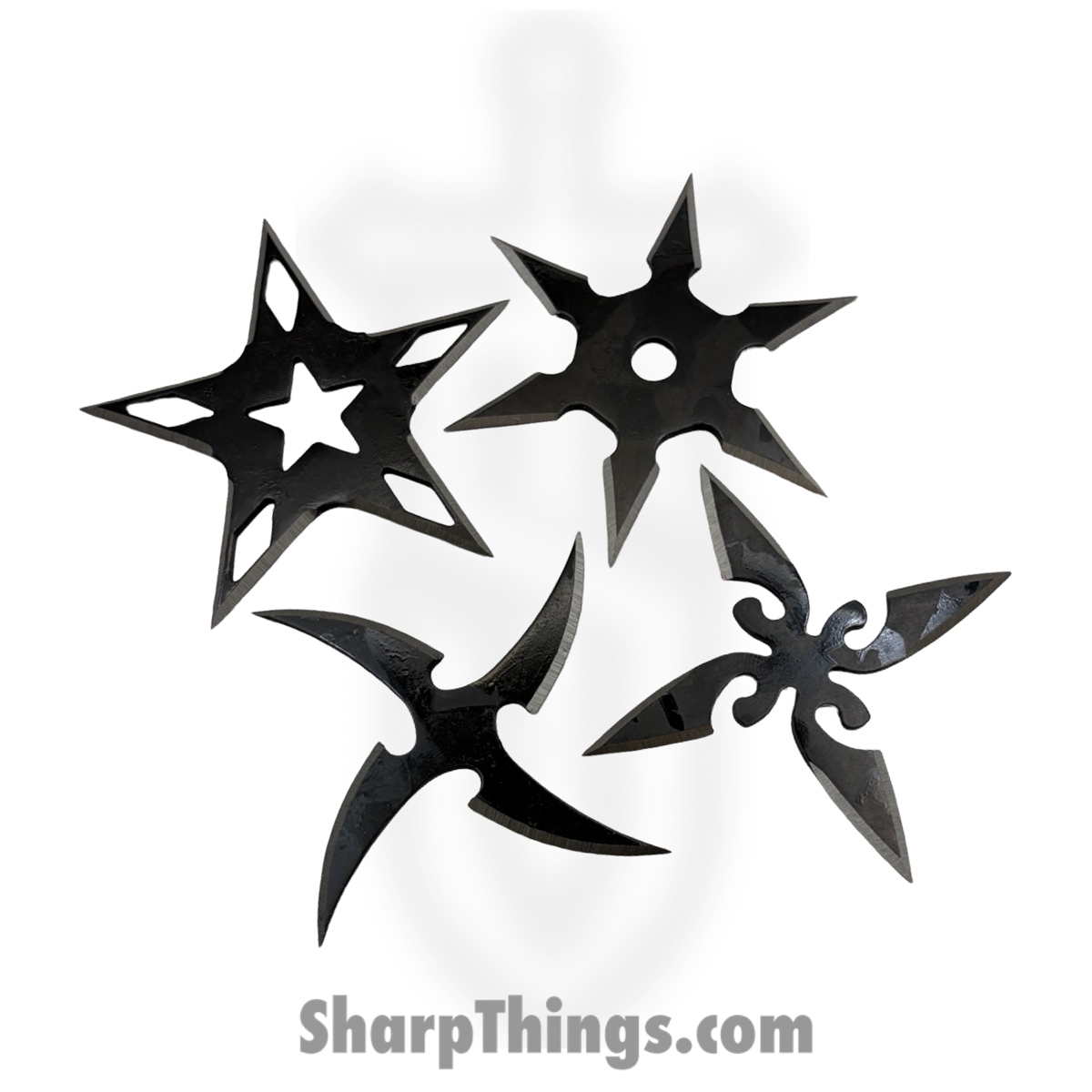 A54327-E-BK_1.jpg VOC - A54327-E-BK - 4pc Throwing Star Set w/ Pouch - Fixed Blade Knife - 440 SS Coated Multi - 440 SS - Black - Image 1