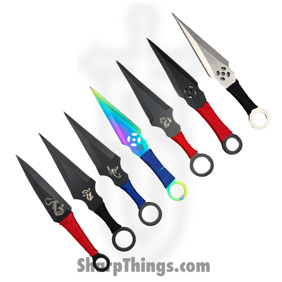 A8688-12_1.jpg VOC - A8688-12 - 6.5" 12pc Assorted Throwing Knife Set w/ Case - Fixed Blade Knife - 440 SS Coated Spear Point - Paracord Wrapped - Multi - Image 1
