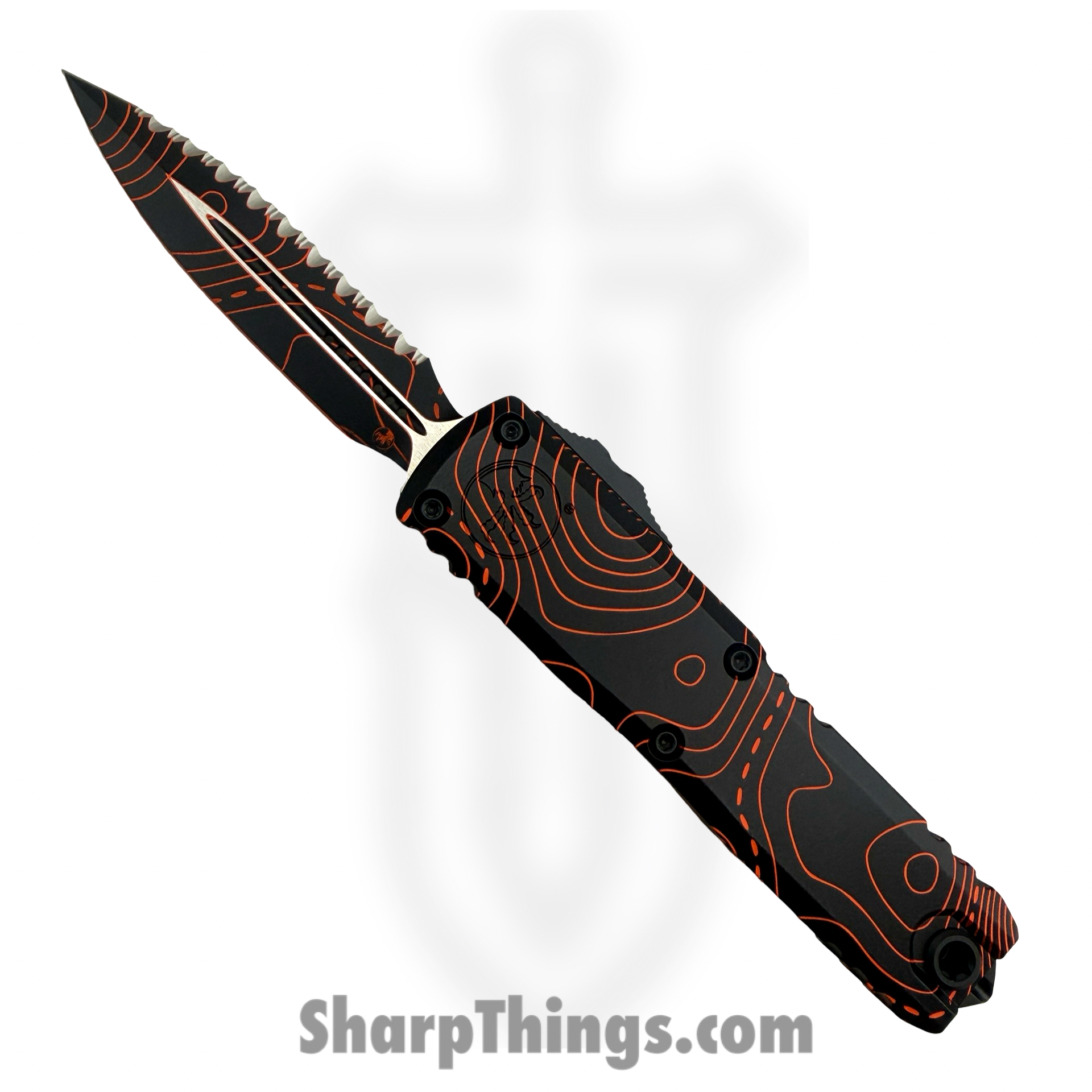 capture_2026-09-16-21-07-57-0000.jpg Microtech - 12324-3TPBKORCS - UTX-85 Gen IV SS - OTF Auto - M390MK Coated Dagger Serrated - Topographic Aluminum - Black Orange Camo - Image 1