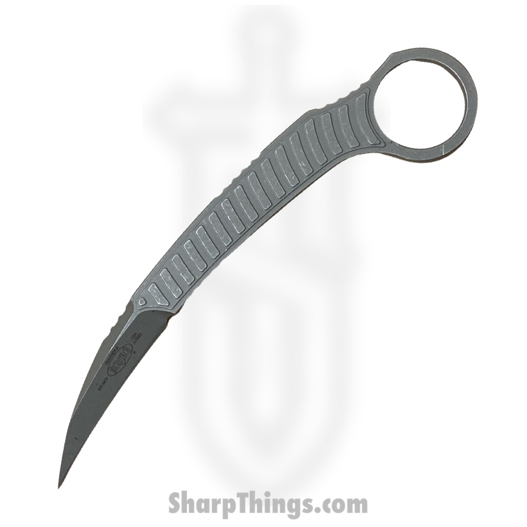 01a1ecf3-cec5-4f09-9a95-9b4f7893e417_215-10APS_1.jpg Microtech - 215-10APS - Feather - Fixed Blade Knife - D2 Apocalyptic Stonewash Hawkbill - D2 - Gray - Image 1