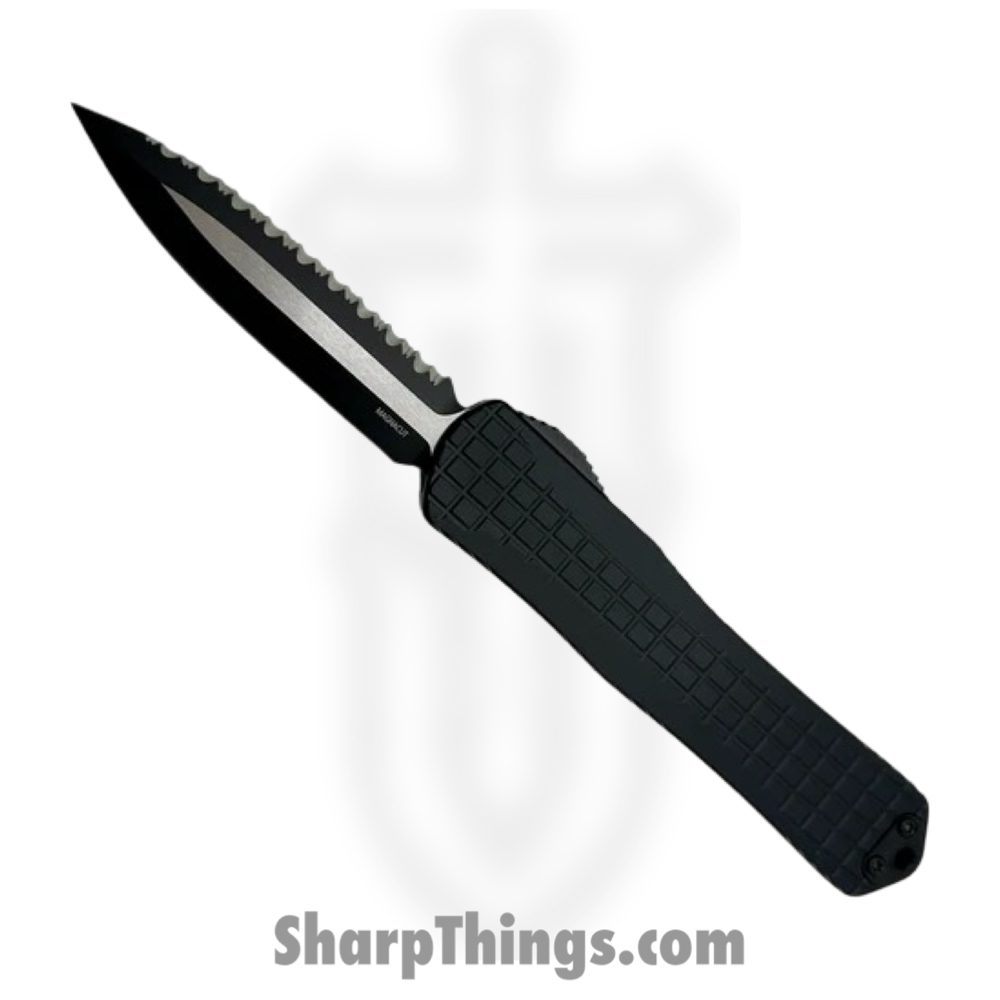 0820b132-4936-4d46-8e7e-0df348aab580_H032F-10C-T_1.jpg Heretic Knives - H032F-10C-T - Manticore X Full Serrated - OTF Auto - Magnacut Two Tone Black Dagger - Frag Aluminum - Black - Image 1