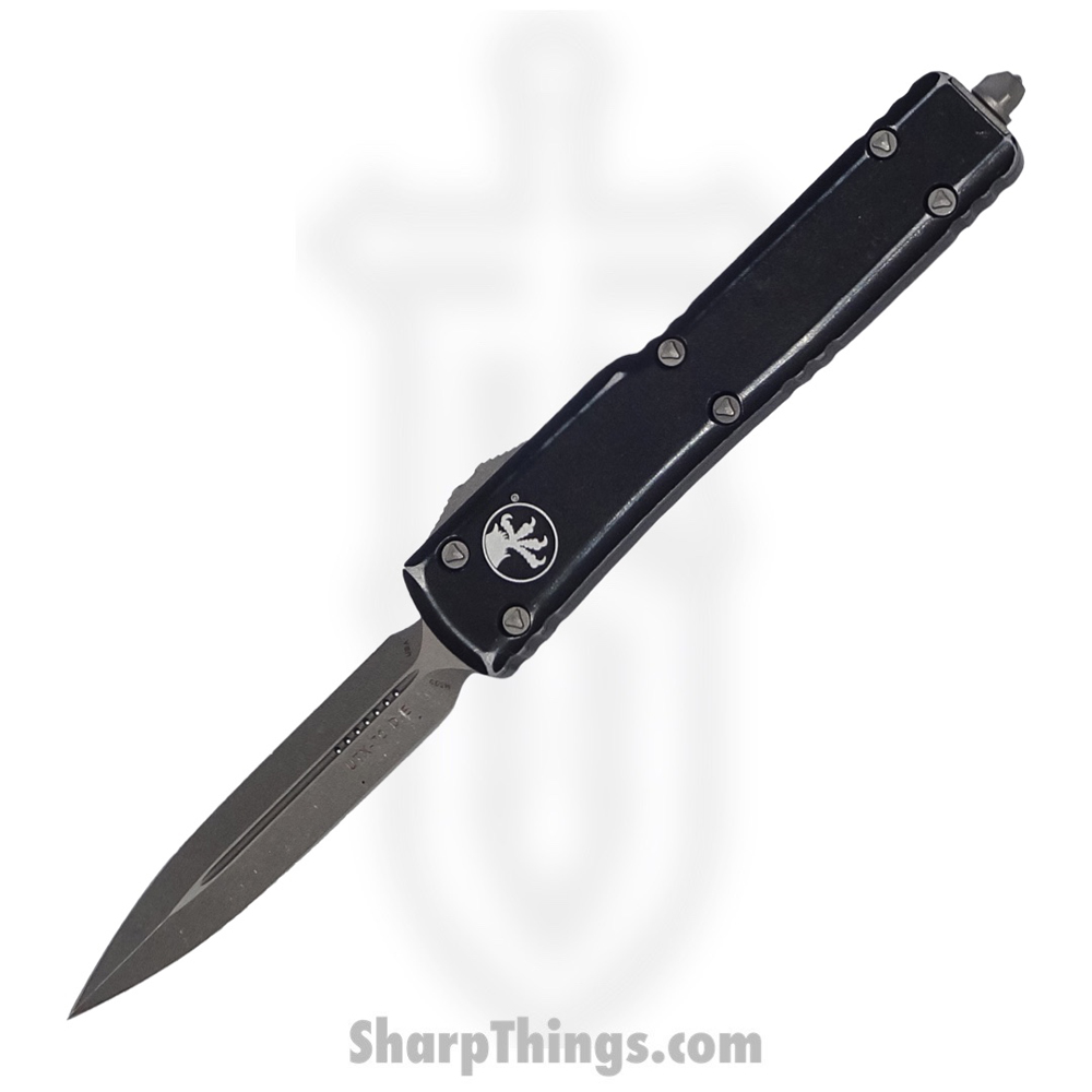 19e37609-411a-4b65-86d7-ca37ee8ce9f4_147-10DBK_1.jpg Microtech - 147-10DBK - UTX-70 - OTF Auto - Elmax, M390, 204P Stonewash Dagger - 6061-T6 Aluminum - Distressed Black - Image 1