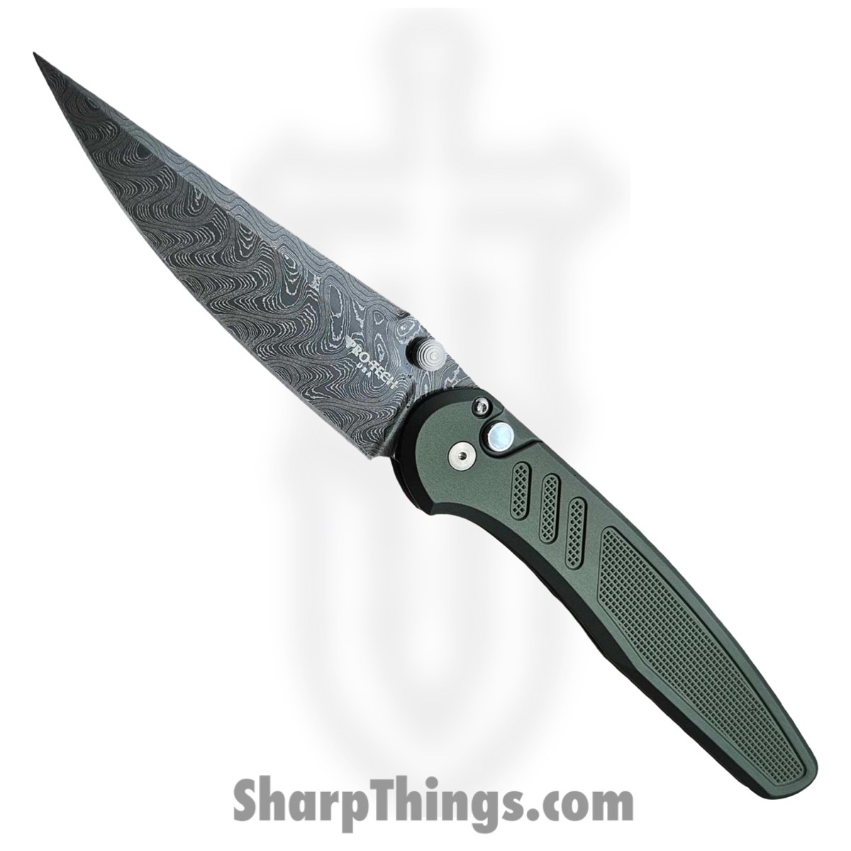 2026-Avalon-Custom-003_1.jpg ProTech - 2026.Avalon.Custom.003 - Avalon - Folding Knife - Chad Nichols Boomerang Damascus Drop Point - Knurled Aluminum - Green - Image 1