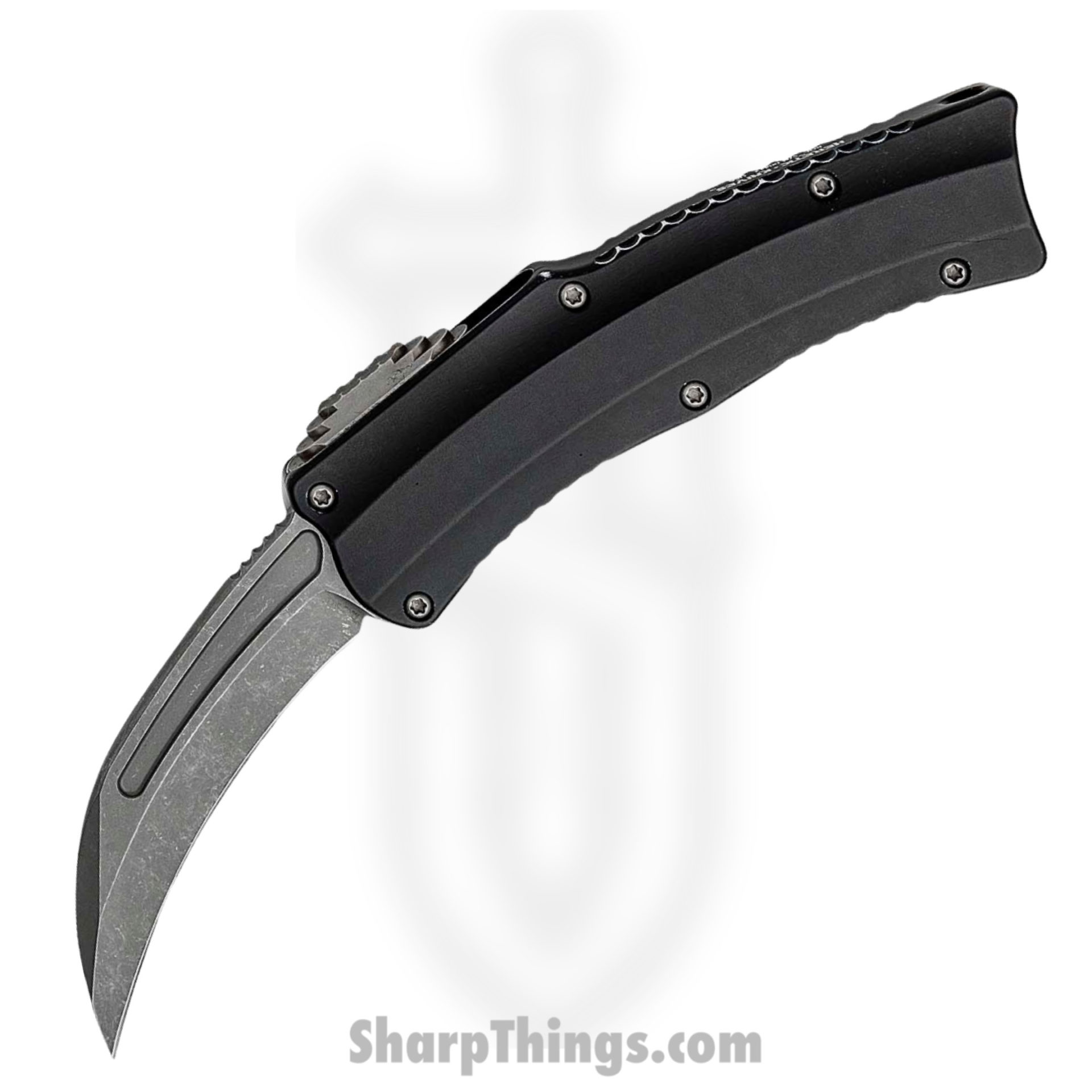 21fd3f73-3425-4014-bae5-337a46c63e01_H060-5A-Battle_1.jpg Heretic Knives - H060-5A-Battle - Roc - OTF Auto - Magnacut Blasted Hawkbill - 6061-T6 Aluminum - Black - Image 1