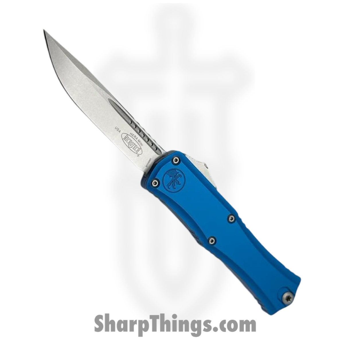 2ab41f1a-1169-48d3-8913-b13795111a4b_1703M-10BL_1.jpg Microtech - 1703M-10BL - Mini Hera II - OTF Auto - M390MK Stonewash Drop Point - Aluminum - Blue - Image 1