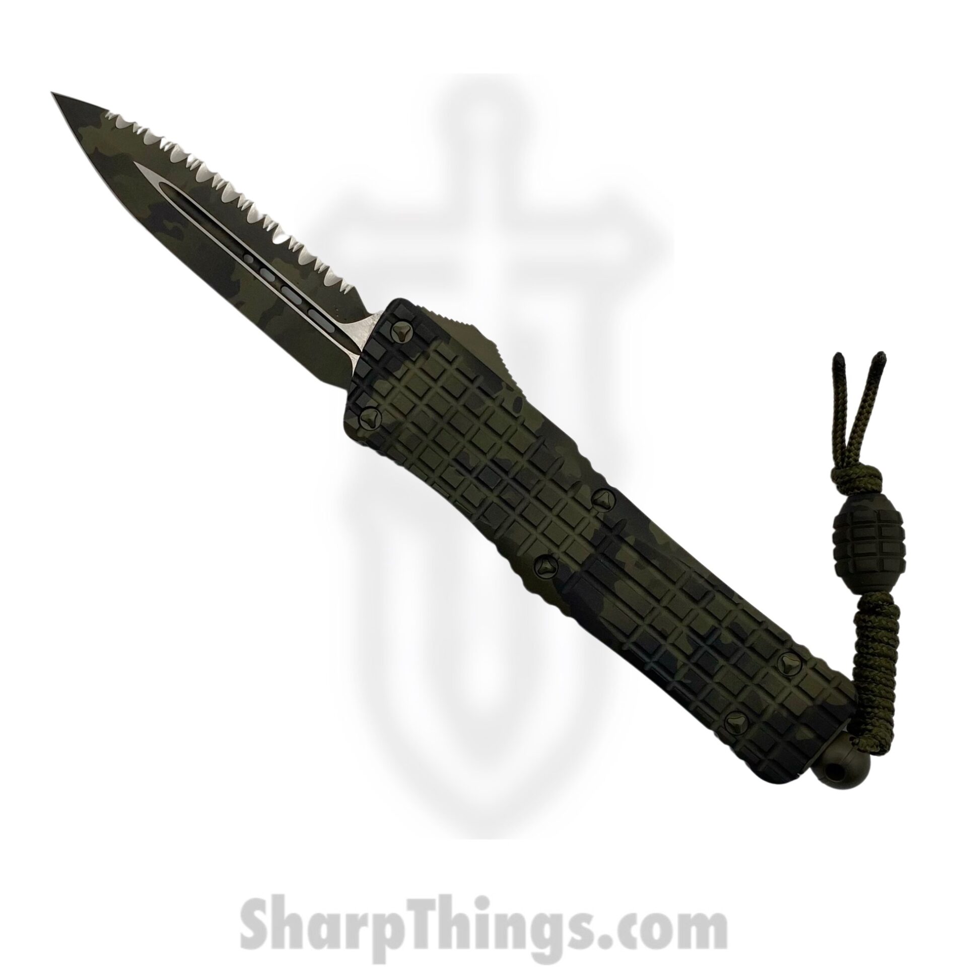 33dac22a-ab30-4ab1-8f31-b28670571d18_142-3FROCS_1.jpg Microtech - 142-3FROCS - Combat Troodon - OTF Auto - M390 Coated Dagger - 6061-T6 Aluminum/Frag - OD Green Camo - Image 1
