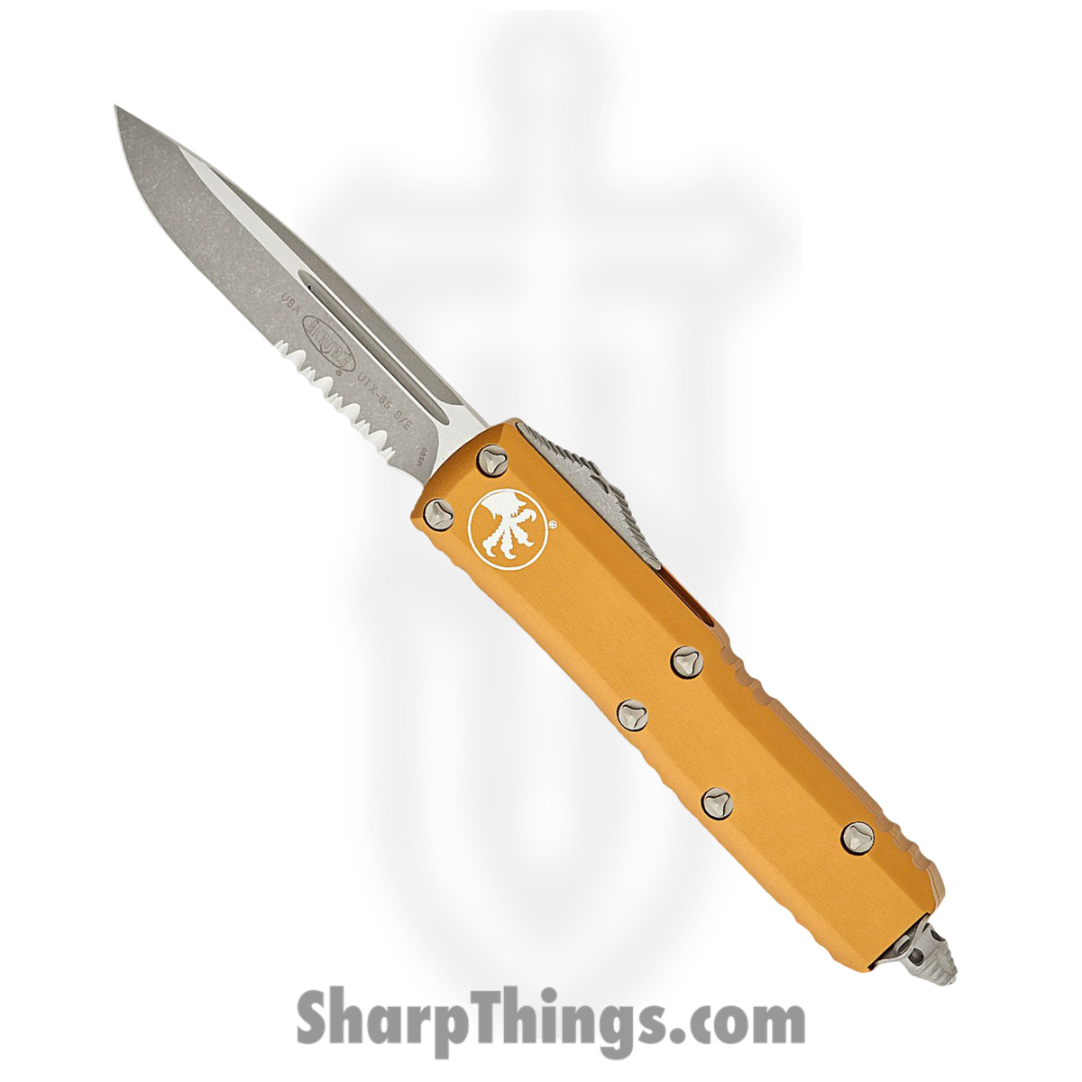 37e7179c-219c-4c37-871a-607ccf75ae64_231-11APTA_1.jpg Microtech - 231-11APTA - UTX-85 - OTF Auto - M390 Apocalyptic Drop Point P/S - 6061-T6 Aluminum - Tan - Image 1