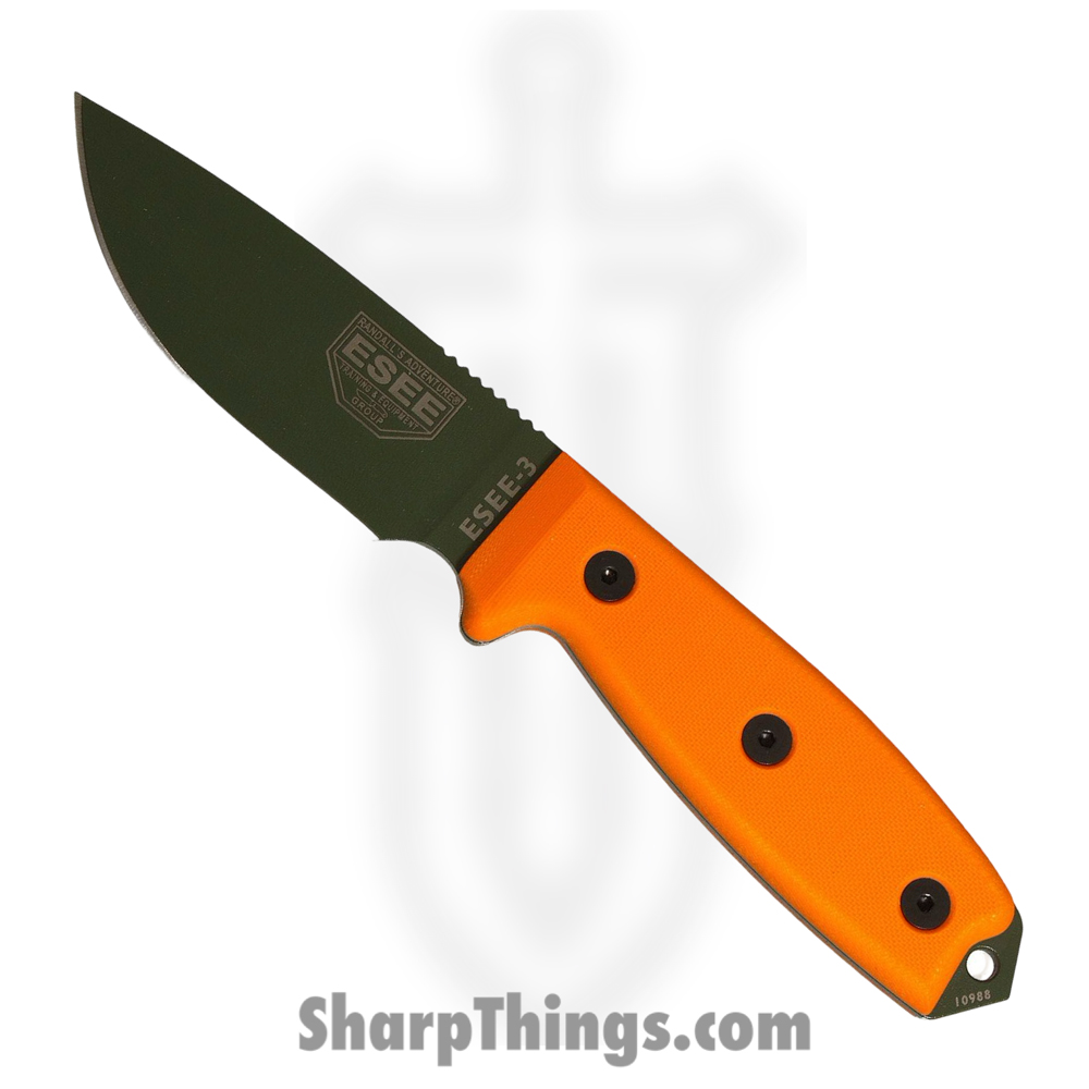 3b736a03-cd8e-4e1f-a14b-9c31b8bc2ed2_RC3POD_1.jpg ESEE - RC3POD - Model 3 - Fixed Blade Knife - 1095 HC OD Green Drop Point - G10 - Orange - Image 1