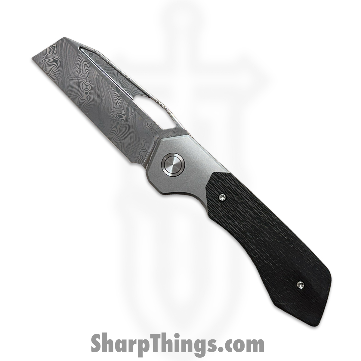522d1d0f-508c-4880-9644-ecf231d8370c_HGKDAMCF_1.jpg High Grain Knives - HGKDAMCF - DeVille - Folding Knife - Bjorkmans Damasteel Hollow Grind Wharncliffe - Ti and Cross Cut CF - Black - Image 1