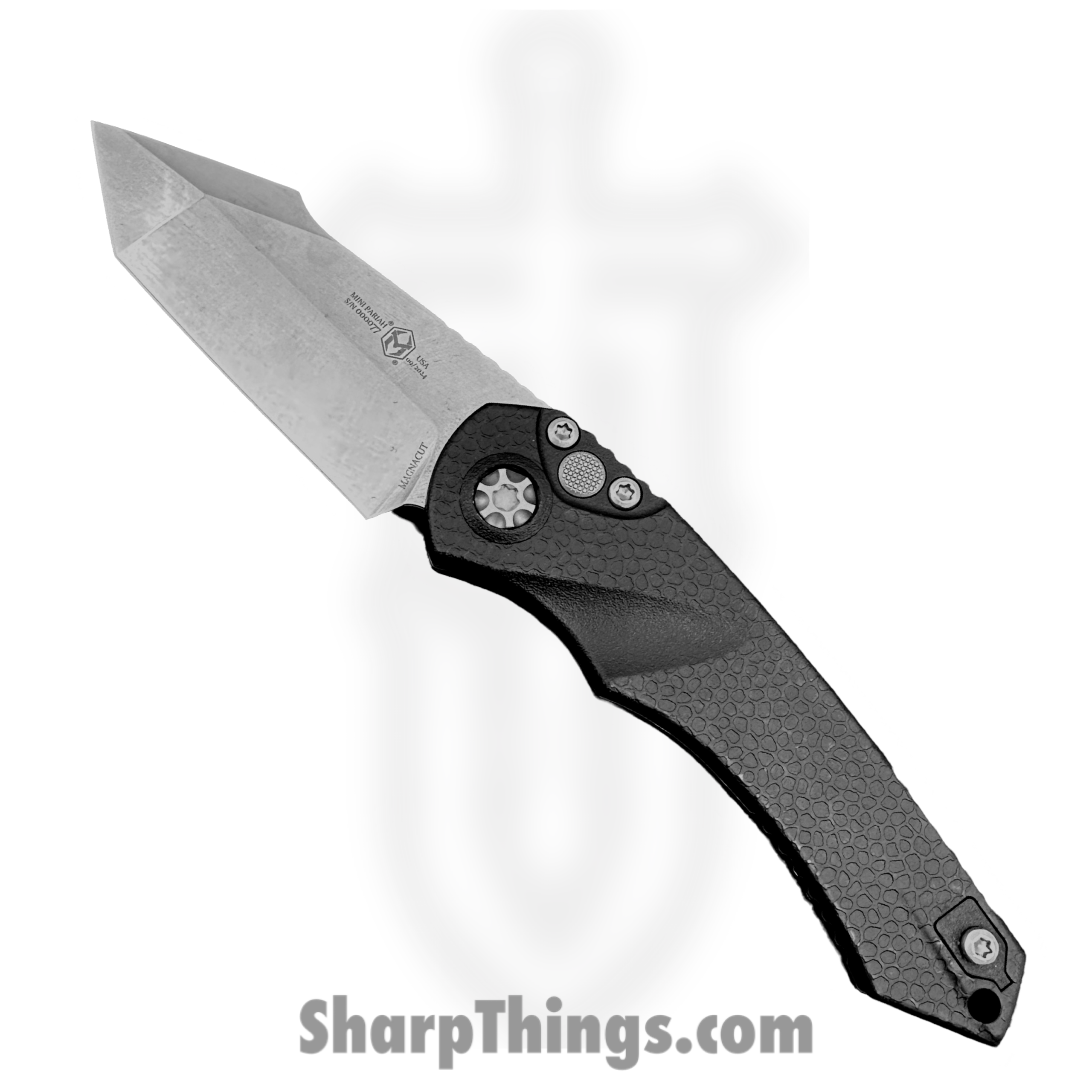 595d2abf-b0b6-4be9-ad1c-e442dadee0c0_H055-2A_1-scaled-1.png Heretic Knives - H055-2A - Mini Pariah Auto - Automatic Knife - CPM MagnaCut Stonewash Tanto - Polymer - Black - Image 1