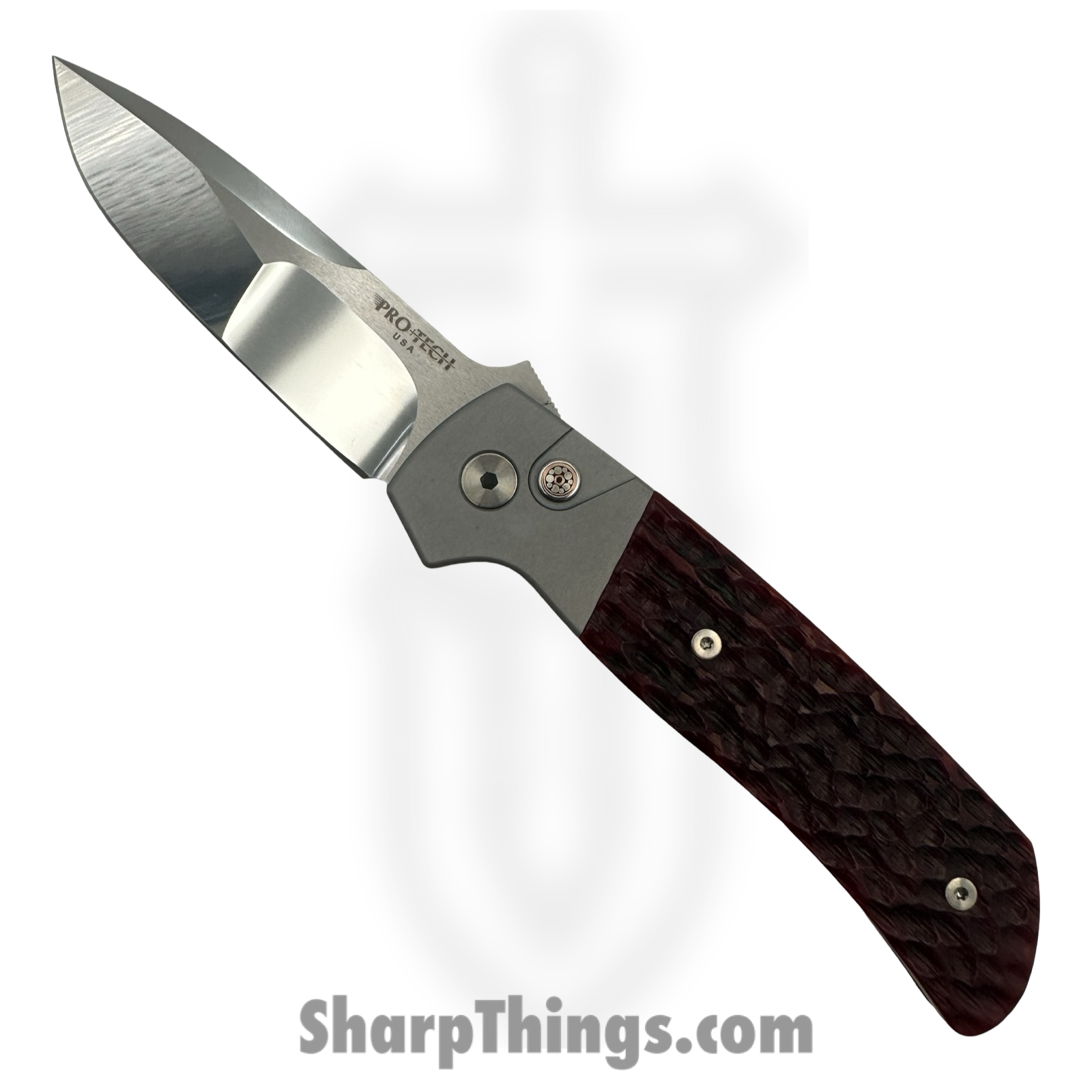 5b3ecb3b-d948-4897-8fd4-94a9a144eb6a_2025-ATCF-CUST033_1.png ProTech - 2025-ATCF-CUST033 - Terzuola ATCF - Automatic Knife - CPM MagnaCut Satin Drop Point - Aluminum Bone - Red Silver - Image 1