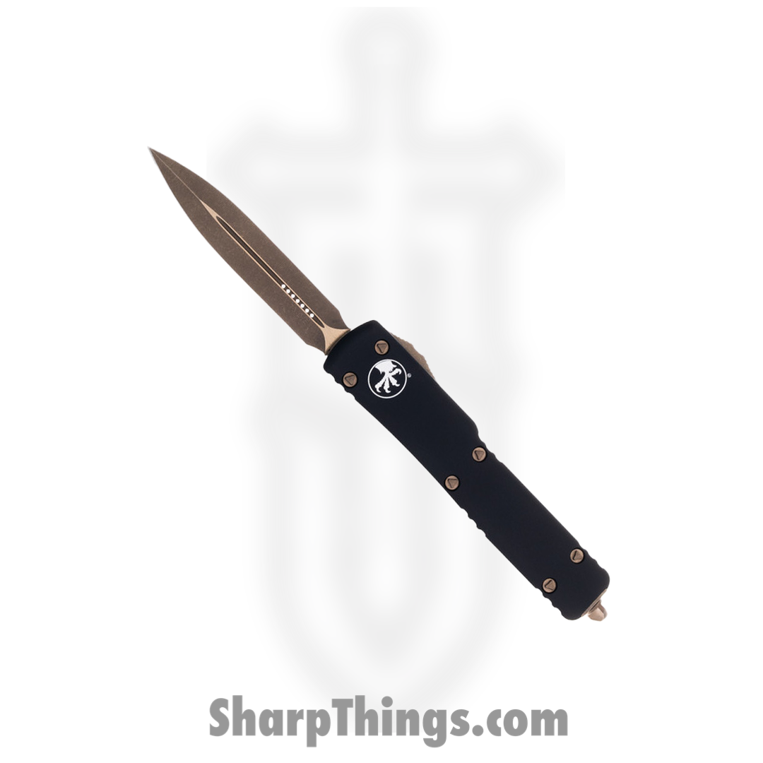 64f1aa77-559c-45d4-976b-36354864fe1c_147-13AP_1.png Microtech - 147-13AP - UTX-70 - OTF Auto - Elmax, M390, 204P Bronze Apocalyptic Dagger - 6061-T6 Aluminum - Black - Image 1